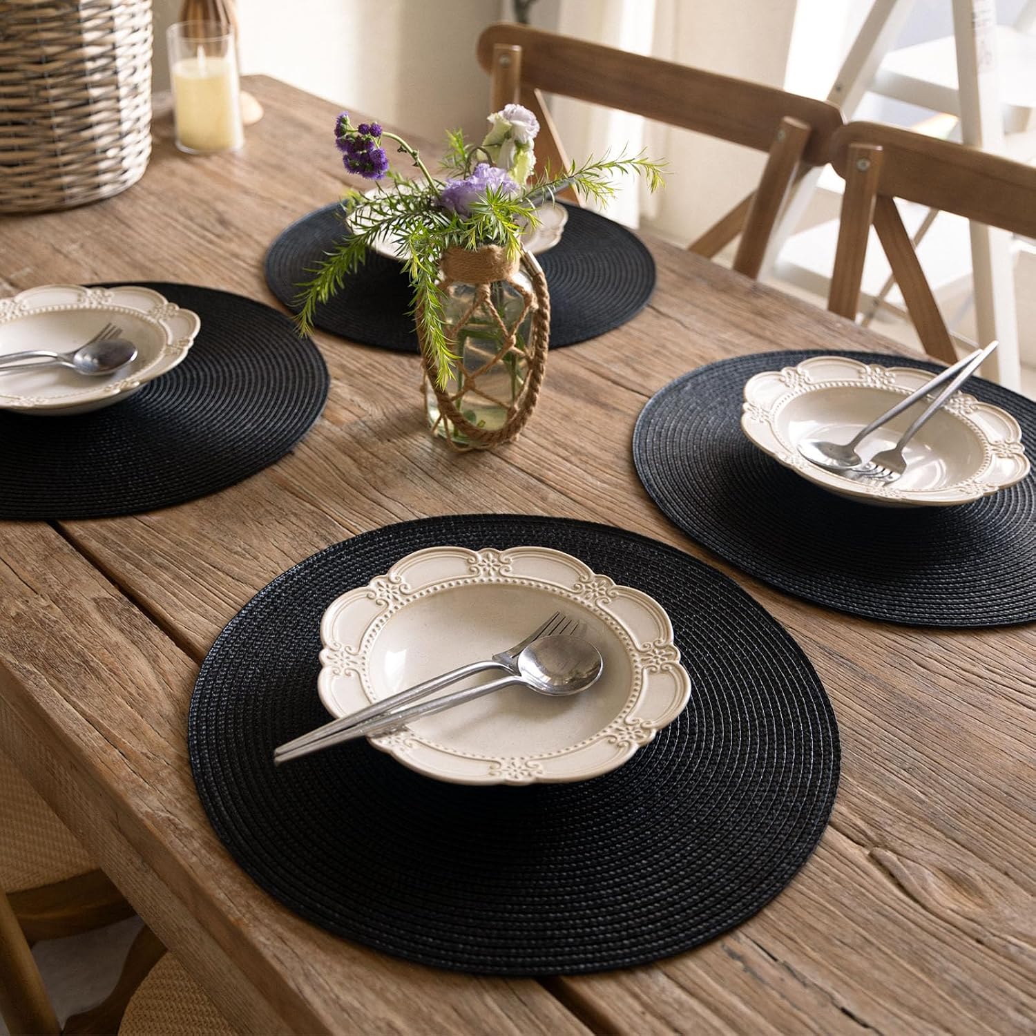 FunWheat Round Braided Placemats Set of 8 Place Mats for Dining Table Woven Washable Non-Slip Table Mats 15