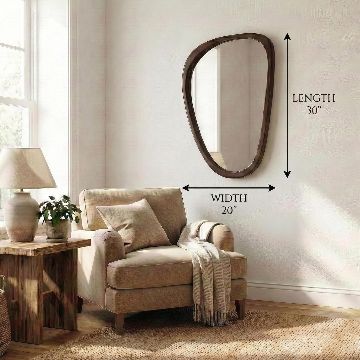 Solid Wood " Irregular Asymmetrical Wall Mirror / Dark Walnut / 30"L x 20"W / 30 x 20