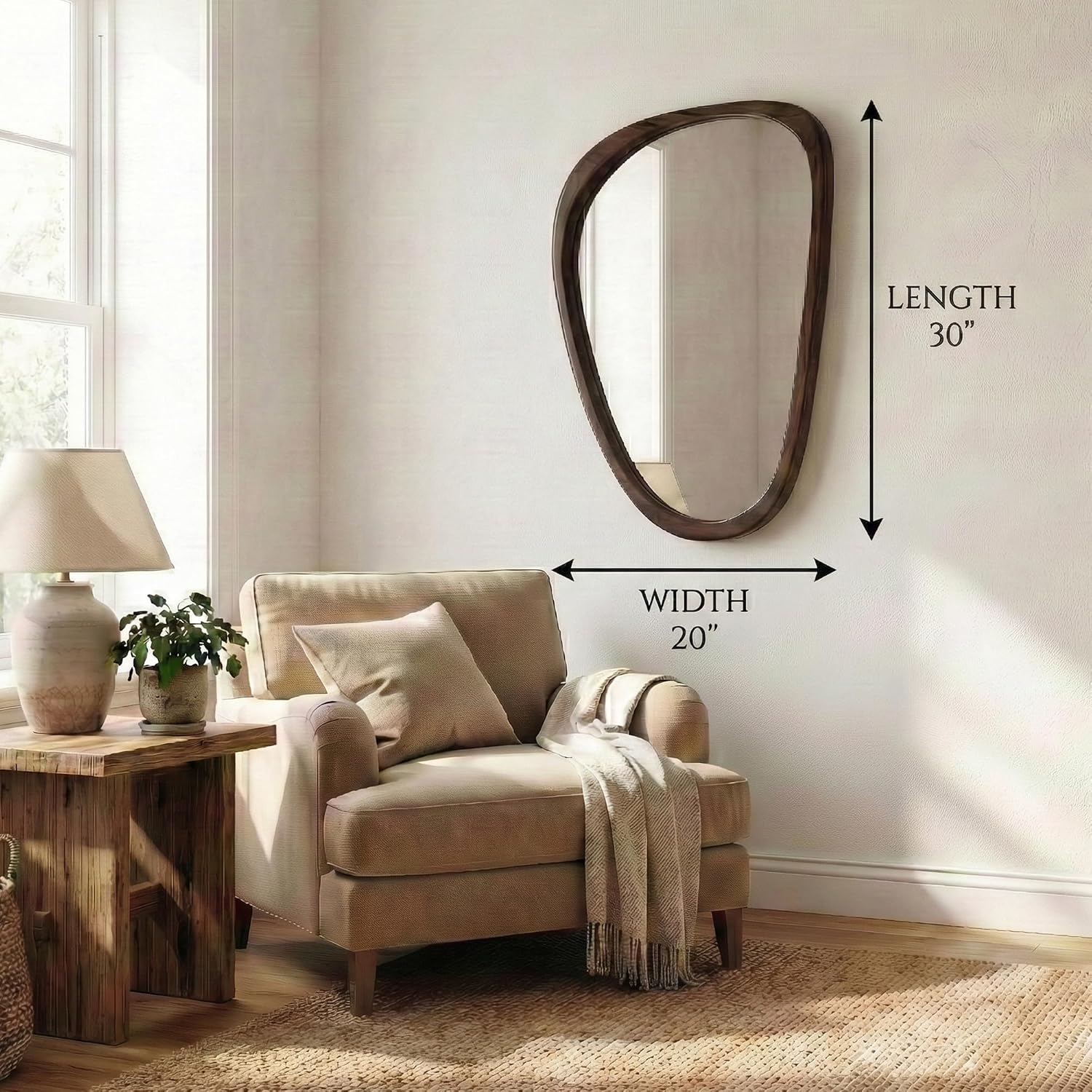 Solid Wood " Irregular Asymmetrical Wall Mirror / Dark Walnut / 30"L x 20"W / 30 x 20