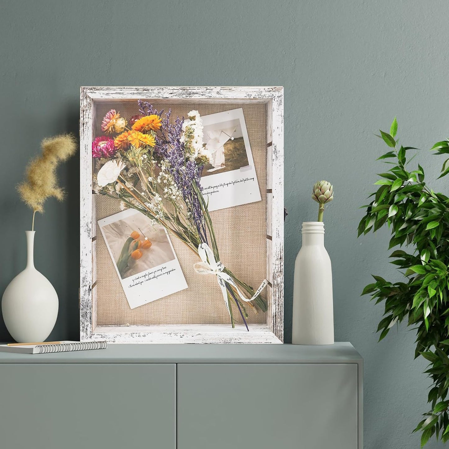 FramePro 11x14 Display Case with Adjustable Shelves White, 4-Tier Memory Shadow Box for Wall, Deep Wooden Keepsake