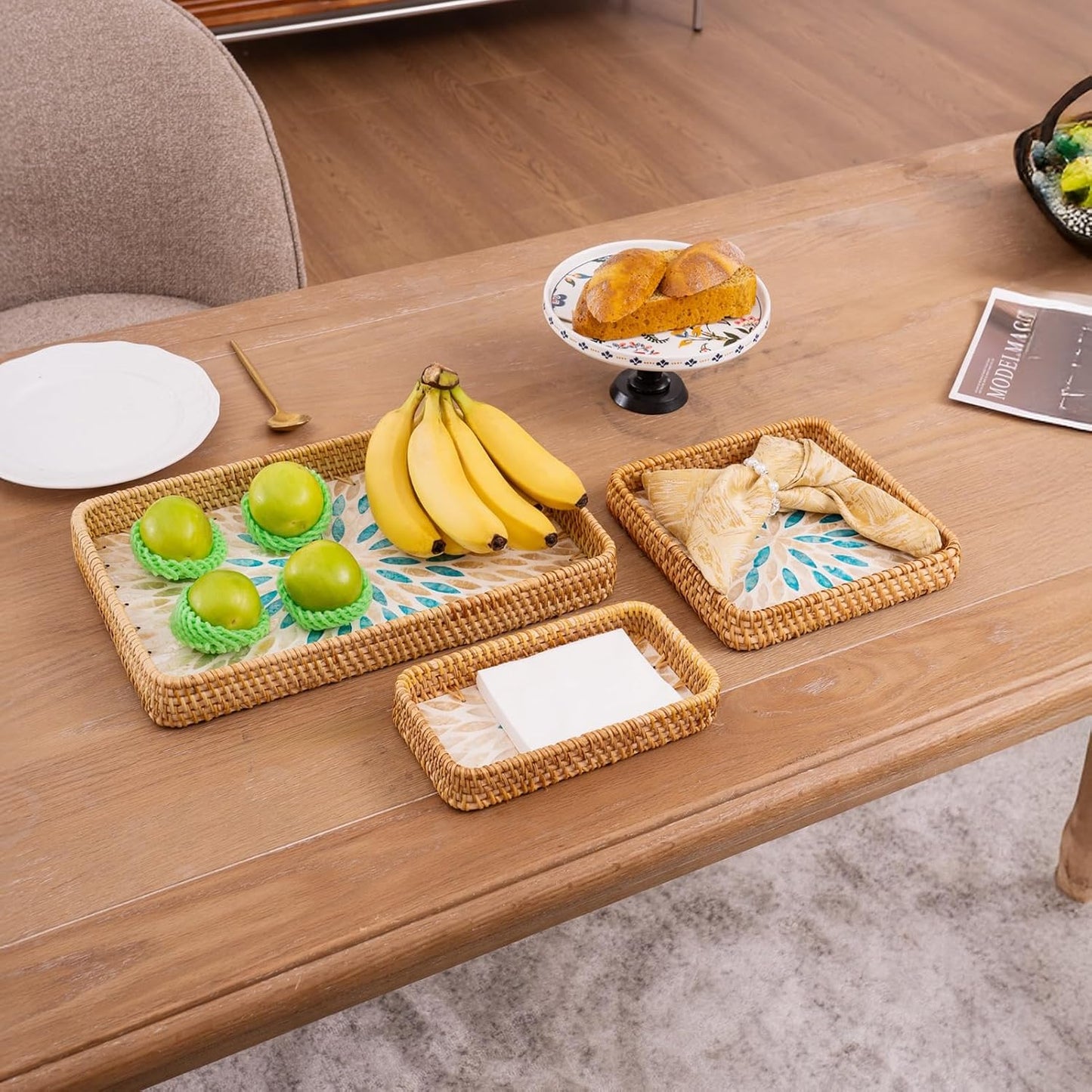 Rattan Tray / Decorative Wicker Serving Tray for Bread Fruit Tea / Leaf / Set of 3