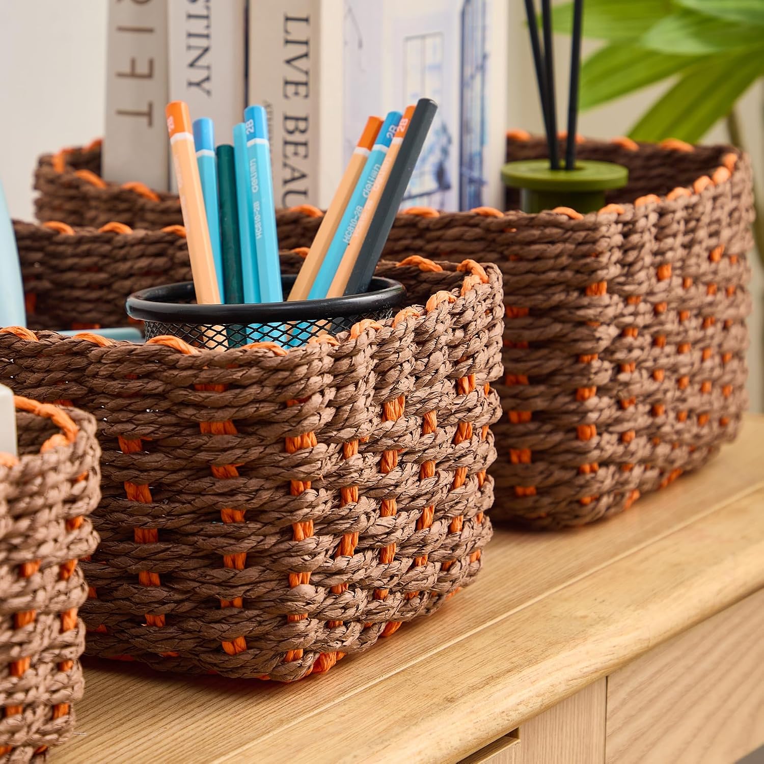 Woven Storage Baskets Set / Brown & Orange / Set of 4