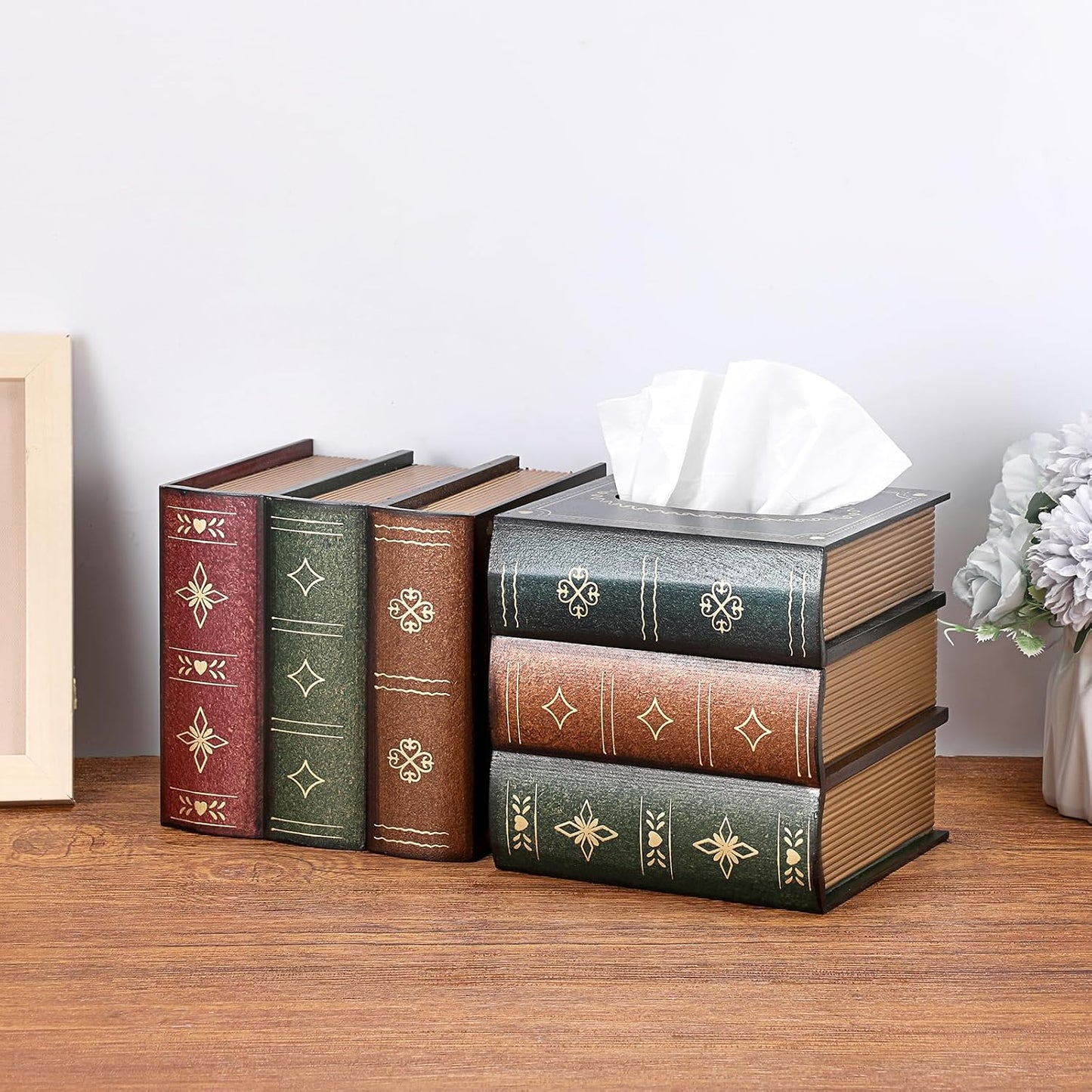 Antique Wooden Book Tissue Holder / Green Lid