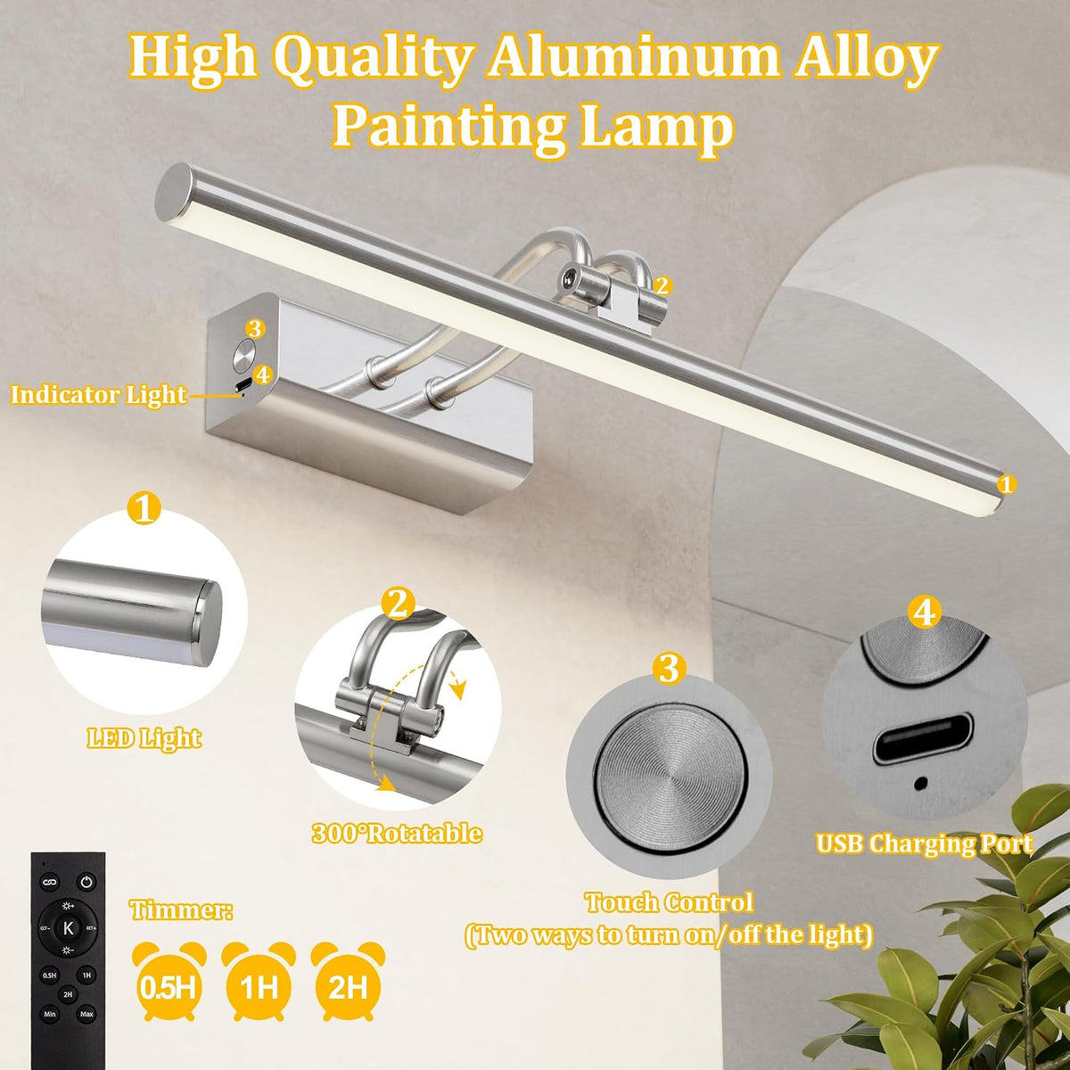 Picture Light for Wall, Platinum Silver, Battery Operated, Remote Control | 4000mAh Cordless,Wall Light, Magnetic for
