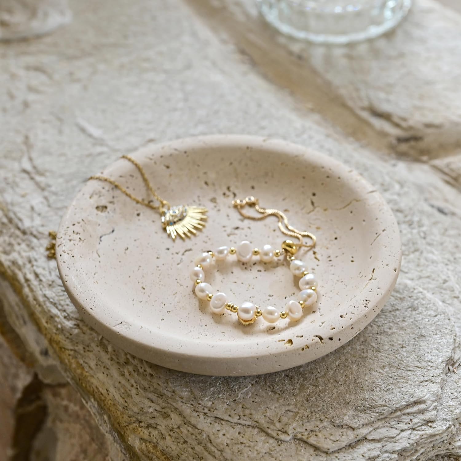 Natural Ring Dish Jewelry Tray / Beige Travertine