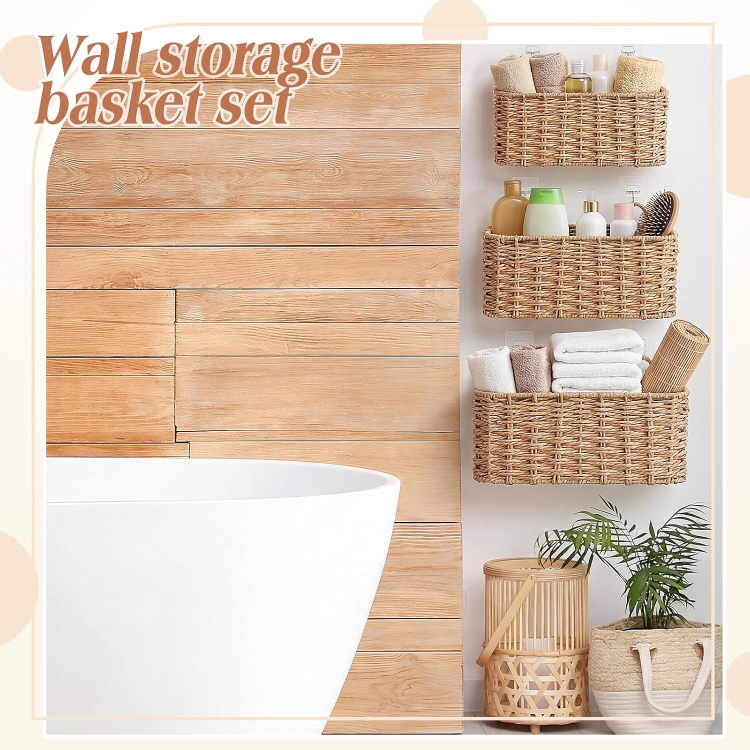 3 Piece Wall Hanging Baskets for Organizing Woven Baskets Sets Boho Style / Natural Tan / Rectangle