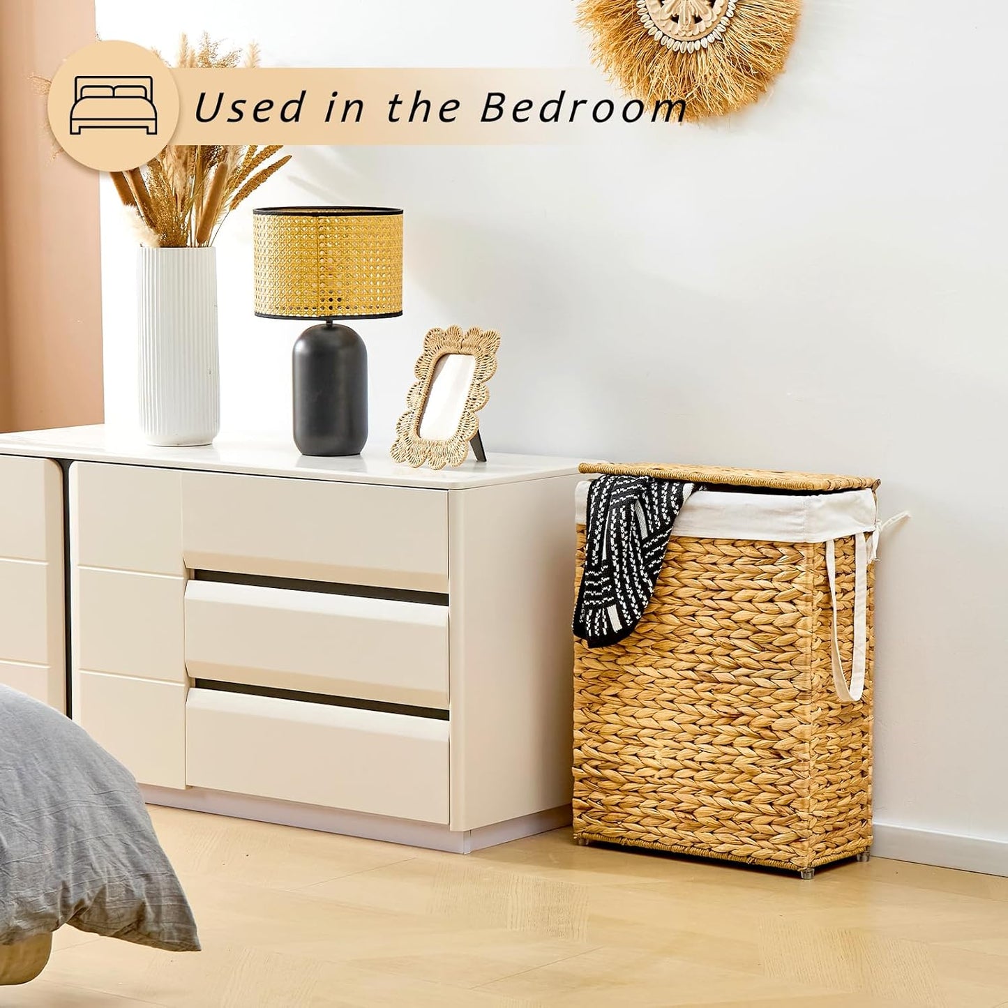 Narrow Wicker Laundry Basket / Hyacinth with Lid / 55L / Natural