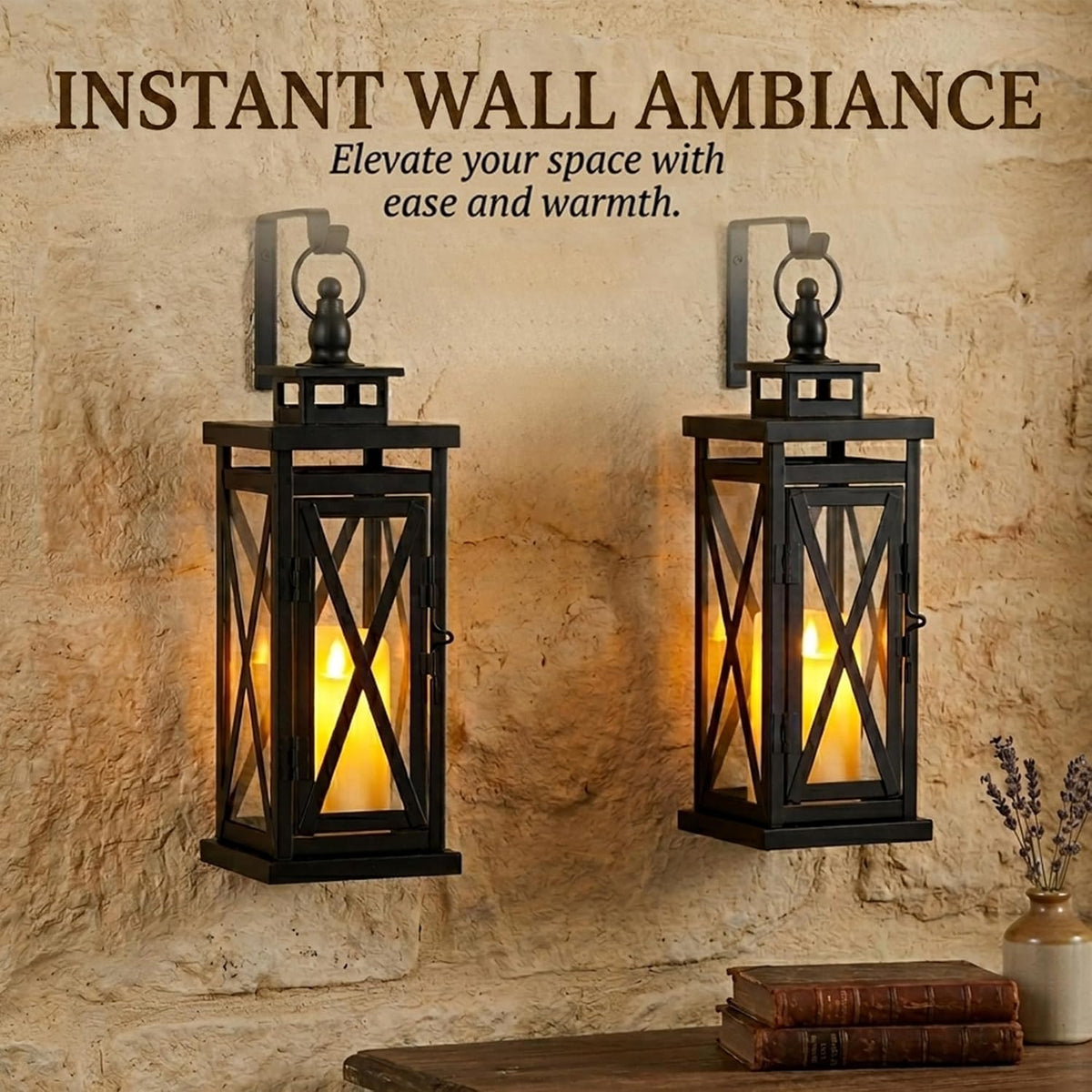 TRIROCKS Set of 2 Deacorative Candle Lantern 11'' High Metal Candle Holder Hanging Lanterns with Tempered Glass Perfect