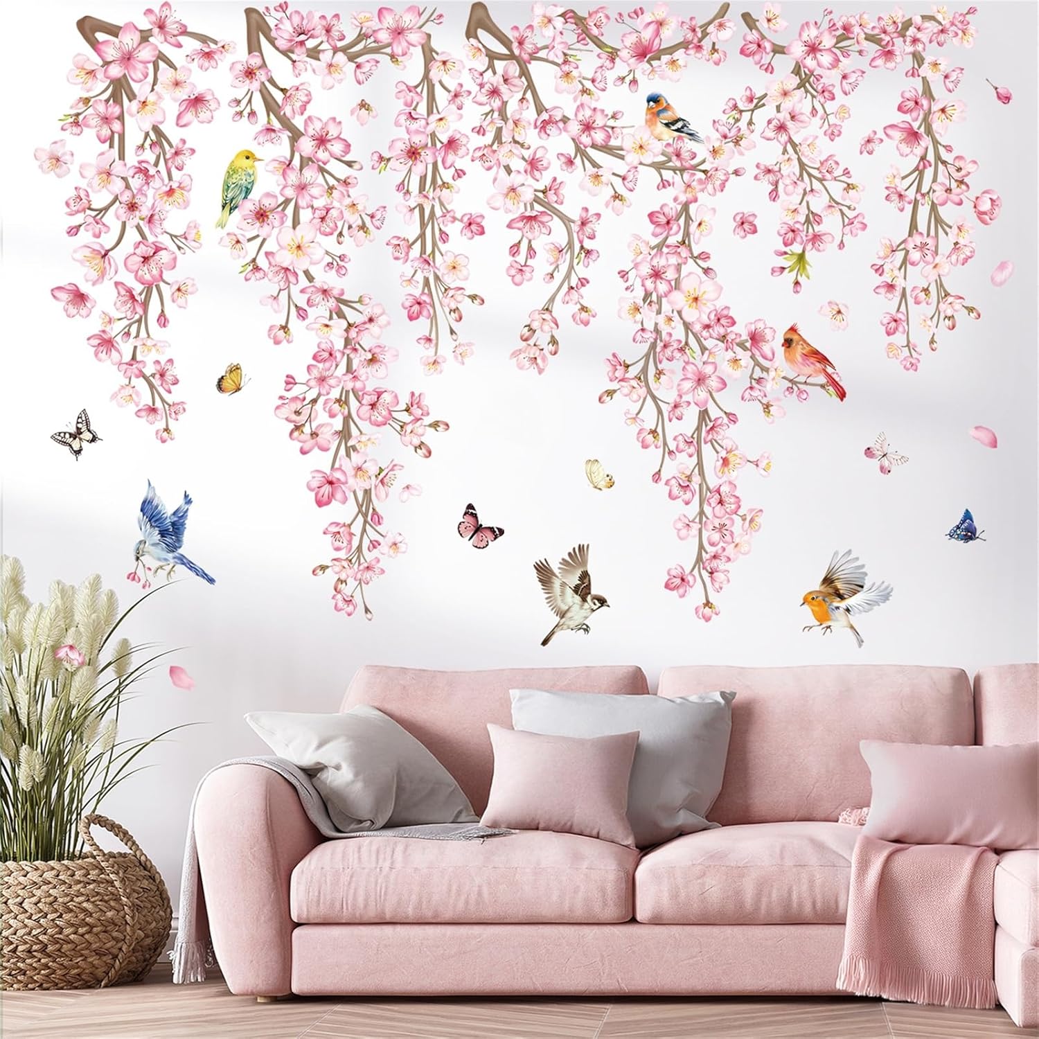 Cherry Blossom Wall Stickers Hanging Floral Tree Branch Birds Peel and Stick / Flower Vine / Pink