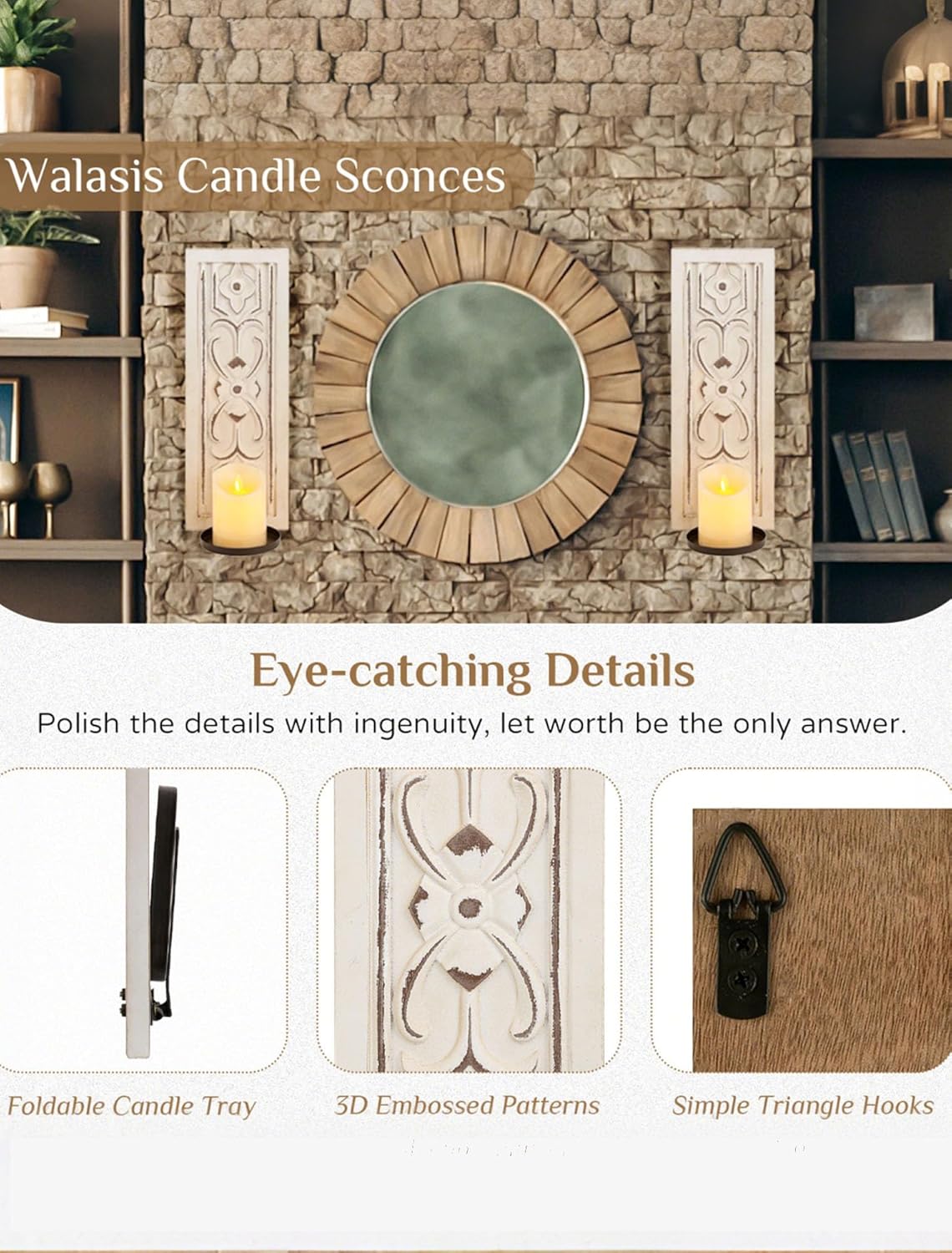 Rustic Candle Sconces Wall Decor / Distressed White / 15.8"H x 6"lx4.33"w / Set of 2