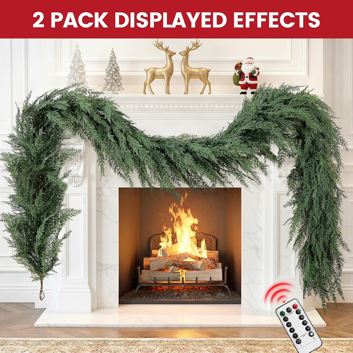 Christmas Cedar Garland Realistic with Lights - Cypress Decorations 9ft for Mantle Lighted Faux Pine Garlands for Xmas