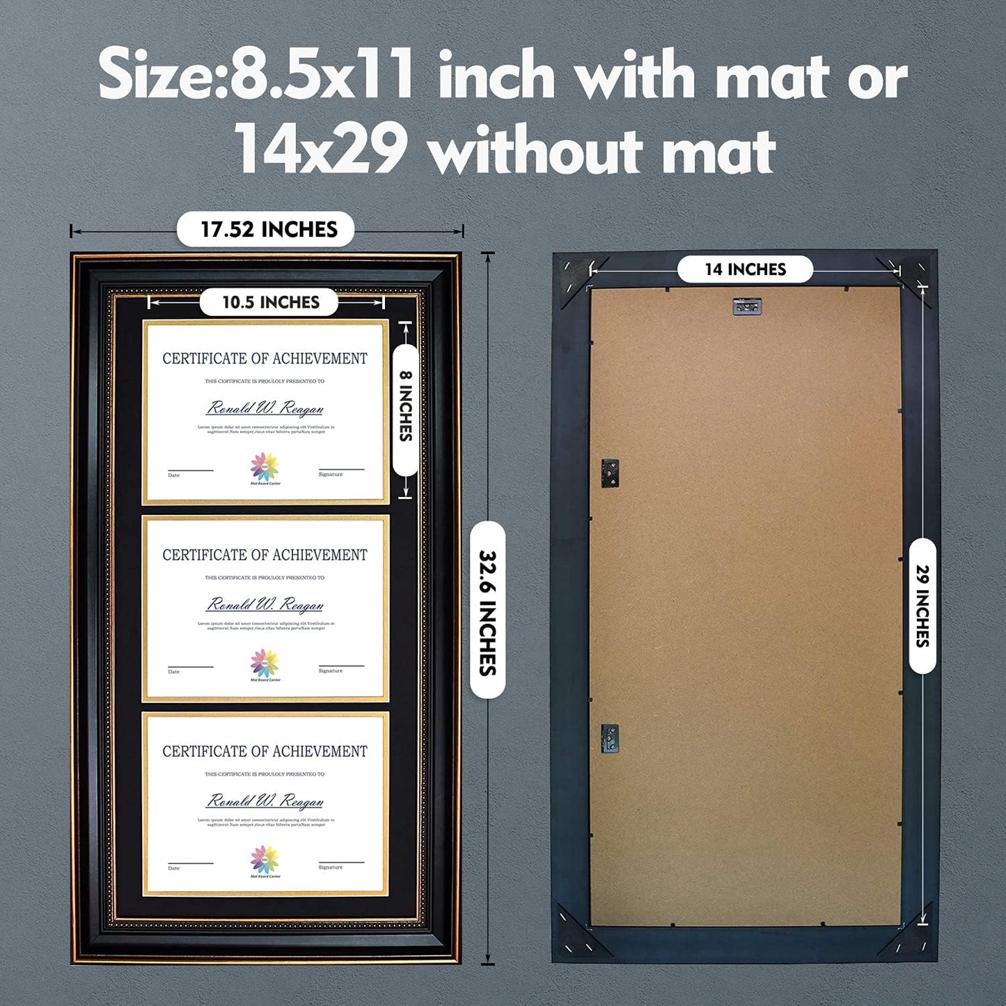 Mat Board Center 14x29 Triple Diploma Frame Holds Three 8.5x11 Certificates | Comes with Real Glass,Black Over Gold