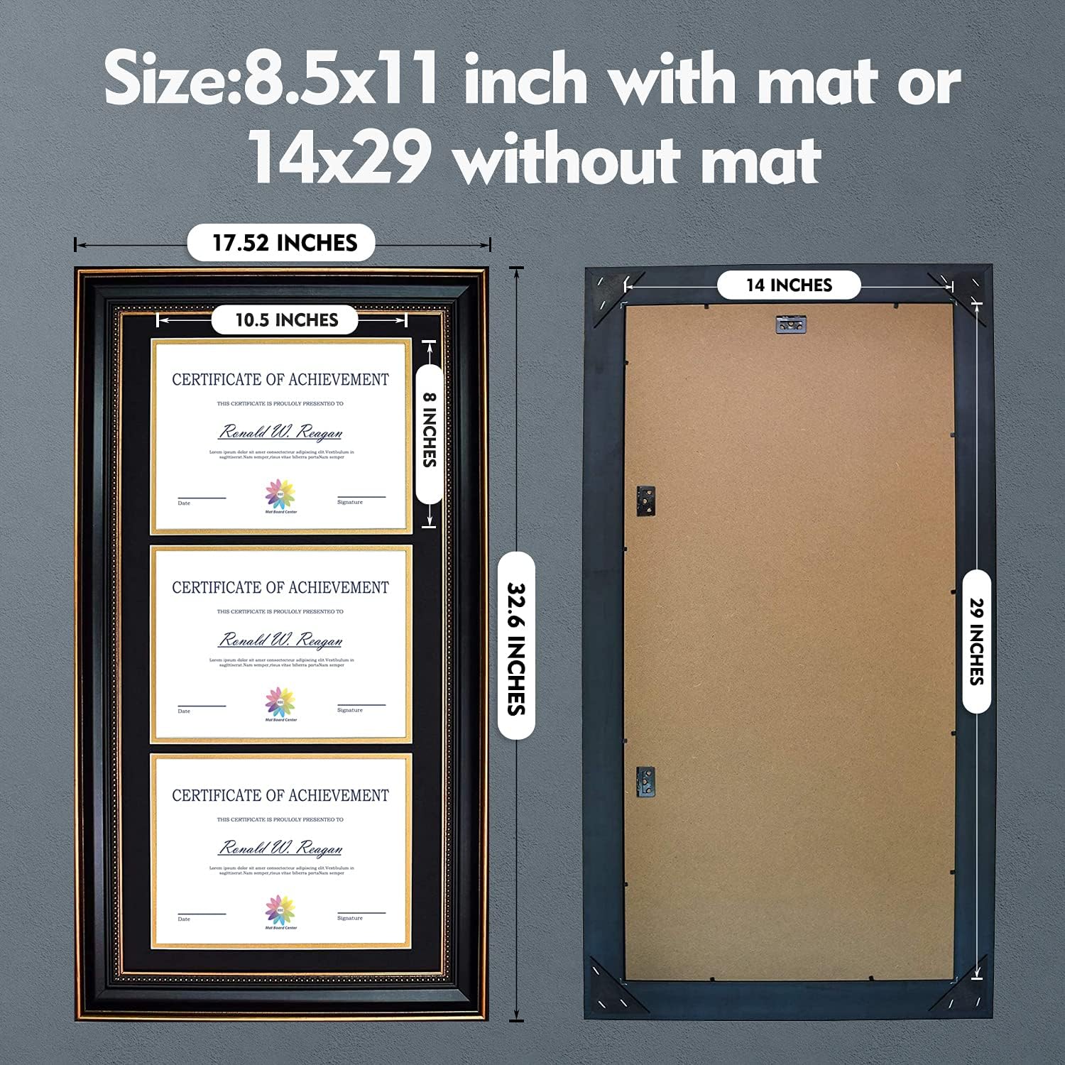 Mat Board Center 14x29 Triple Diploma Frame Holds Three 8.5x11 Certificates | Comes with Real Glass,Black Over Gold