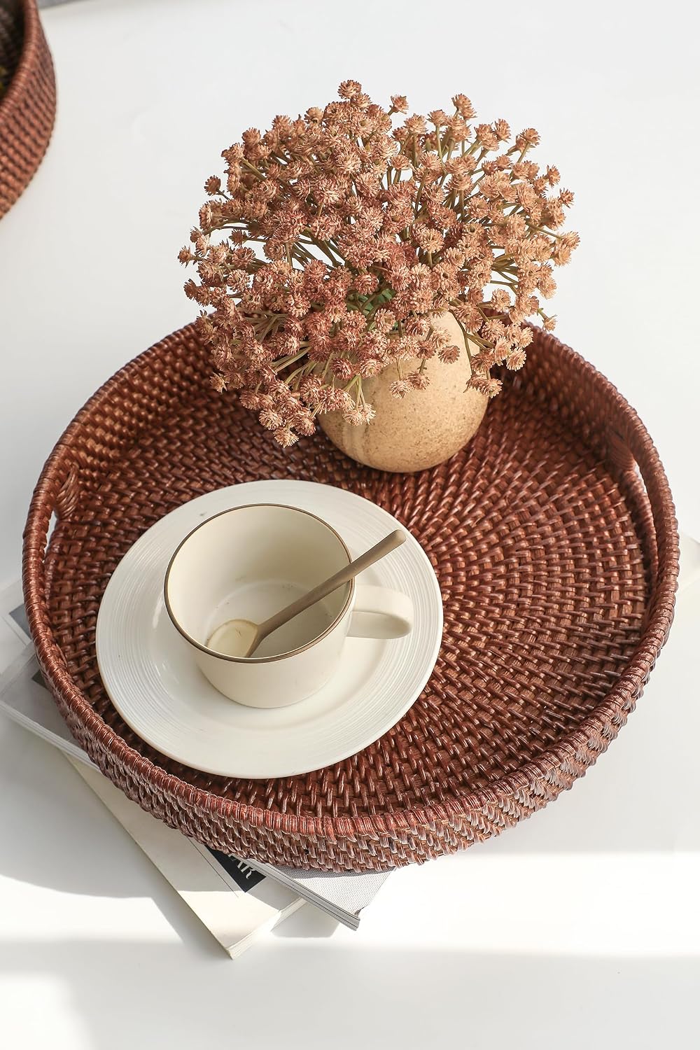 11.8" Hand-Woven Round Rattan Serving Tray Decorative Wicker Trays / Medium / Brown