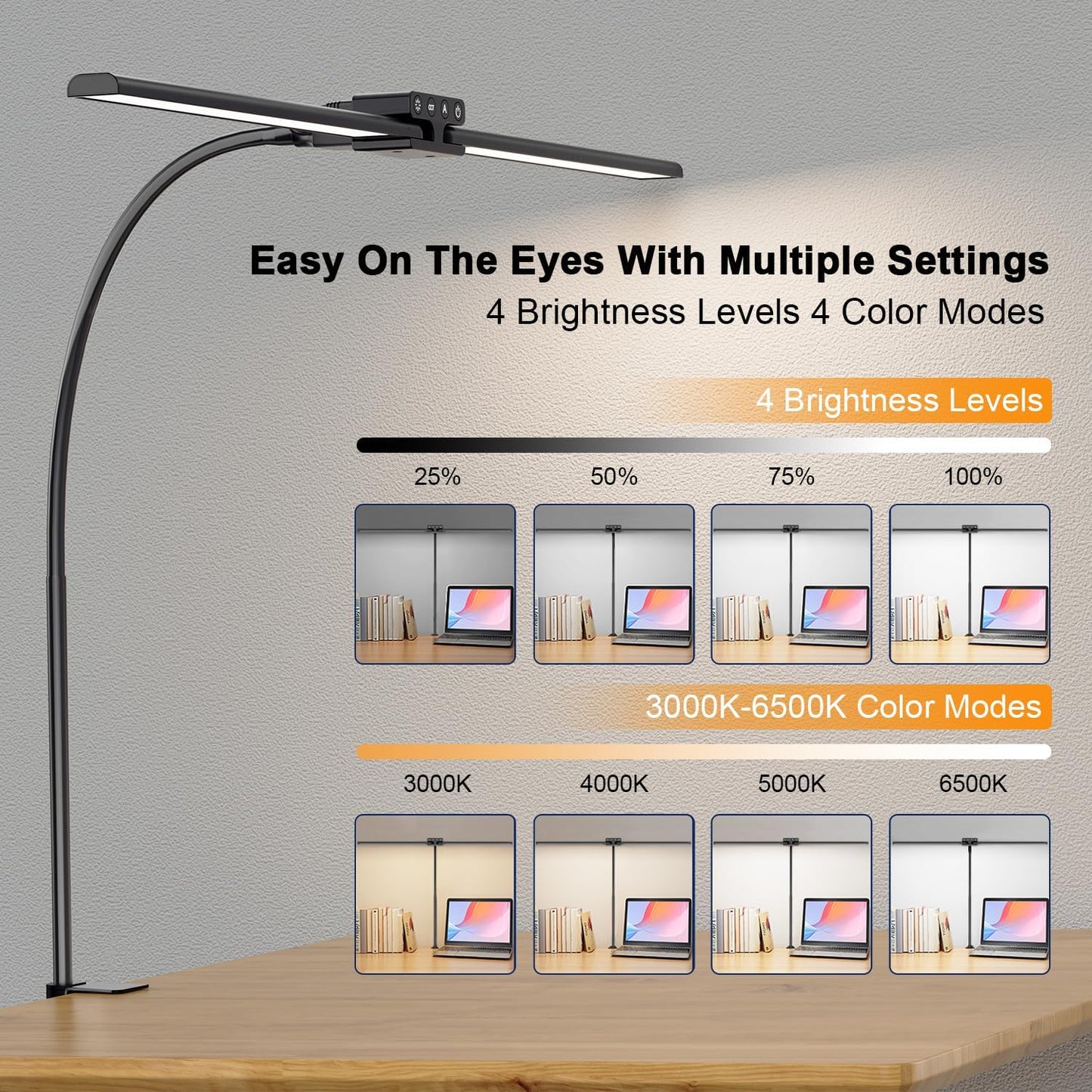 24W Led Desk Lamps with Clamp for Office Home, 31.5-in Double Head, Black | Dual Screen Computer Monitor Desk