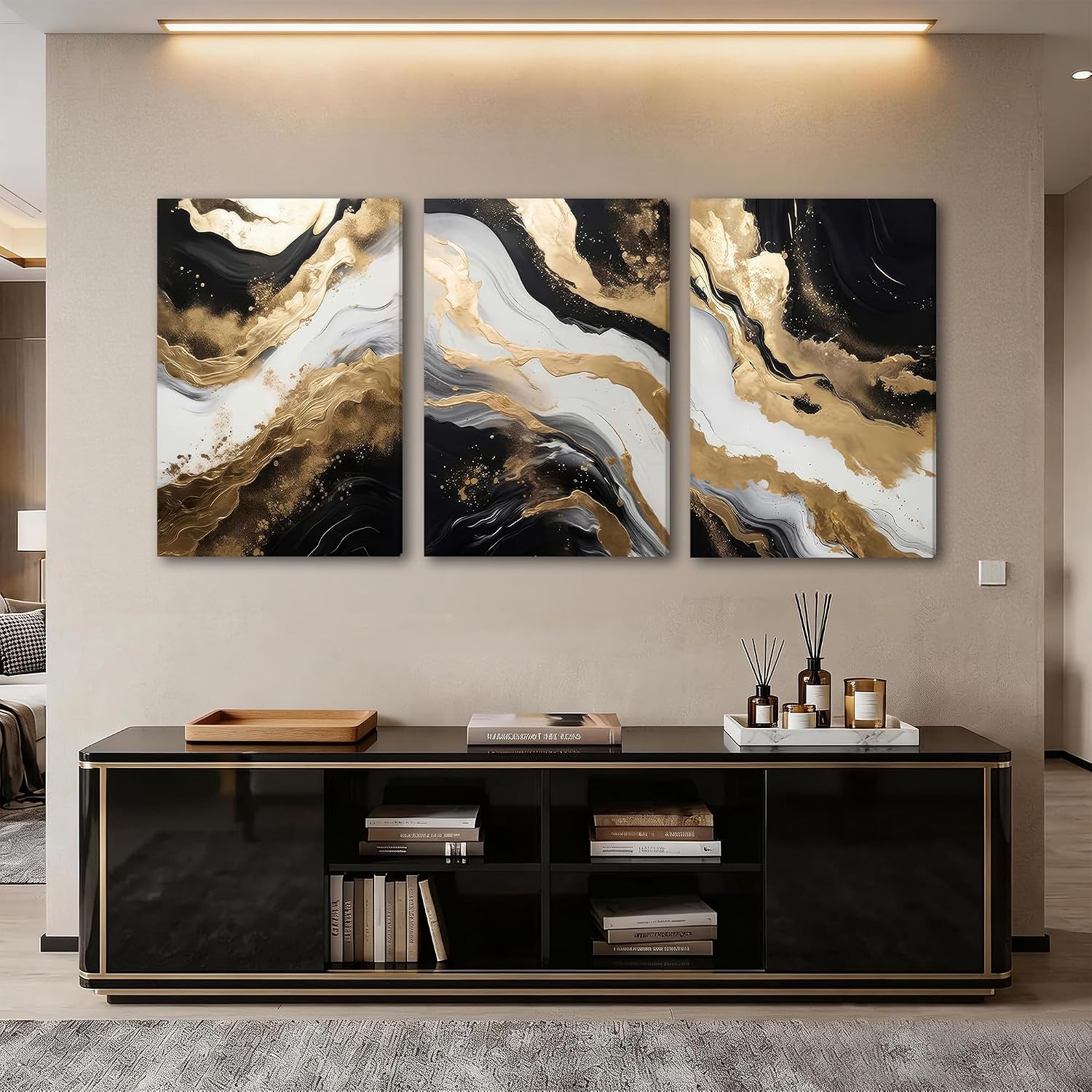 Black Gold Canvas Black Marble Picture Wall / 20L" x 30W / Black and Gold