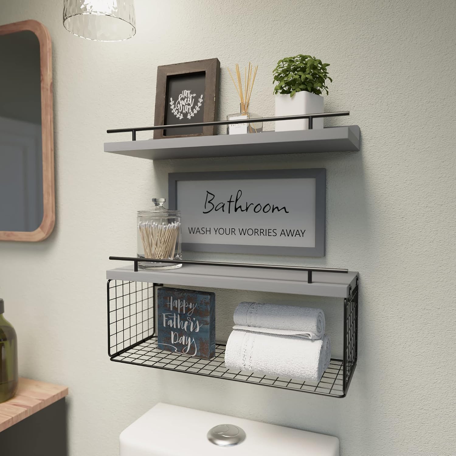 Floating Shelves for Bathroom Decor Art, Modern Grey | Bathroom Organizers and Storage, Wall Shelves Over Toilet with
