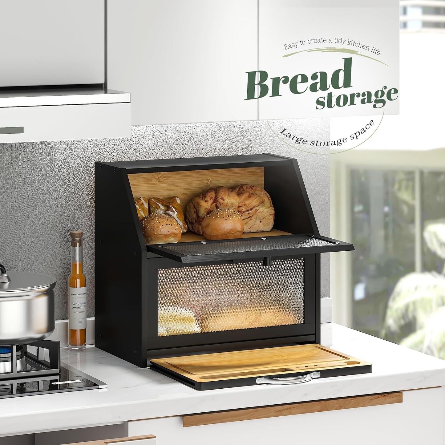 STDDRE Double Layer Bamboo Corner Bread Box with Cutting Board(Black) | Extra-large capacity. Double Layer Bread