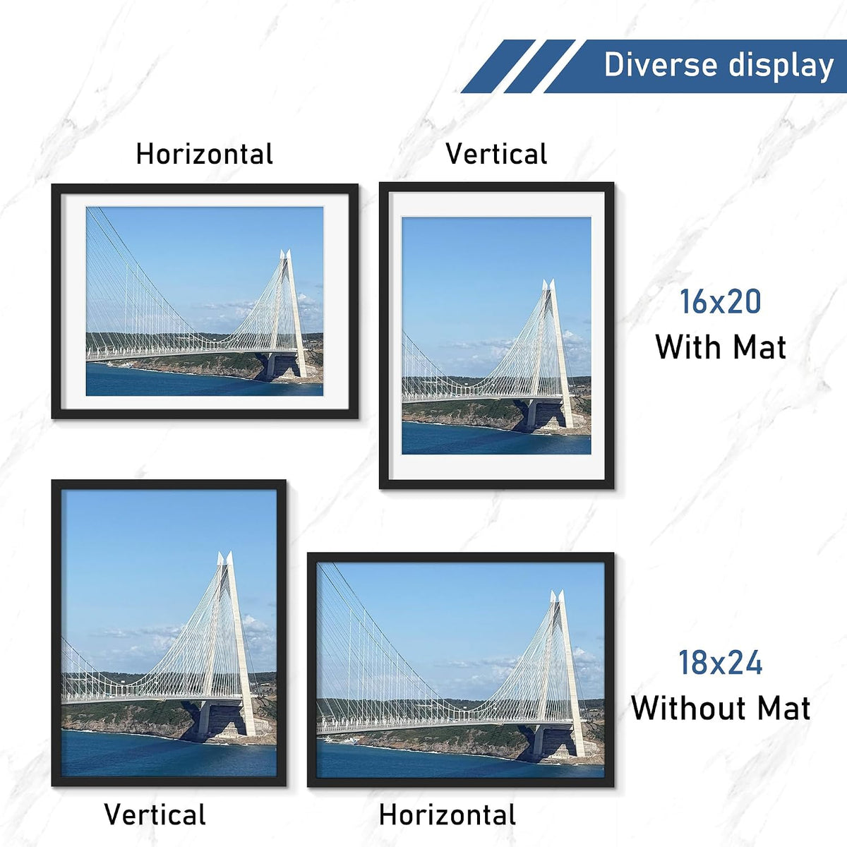 Wiscet 18x24 Poster Frame Set of 4, for Wall Mounting, Black | Display Picture 16x20 with Mat or 18x24 without Mat