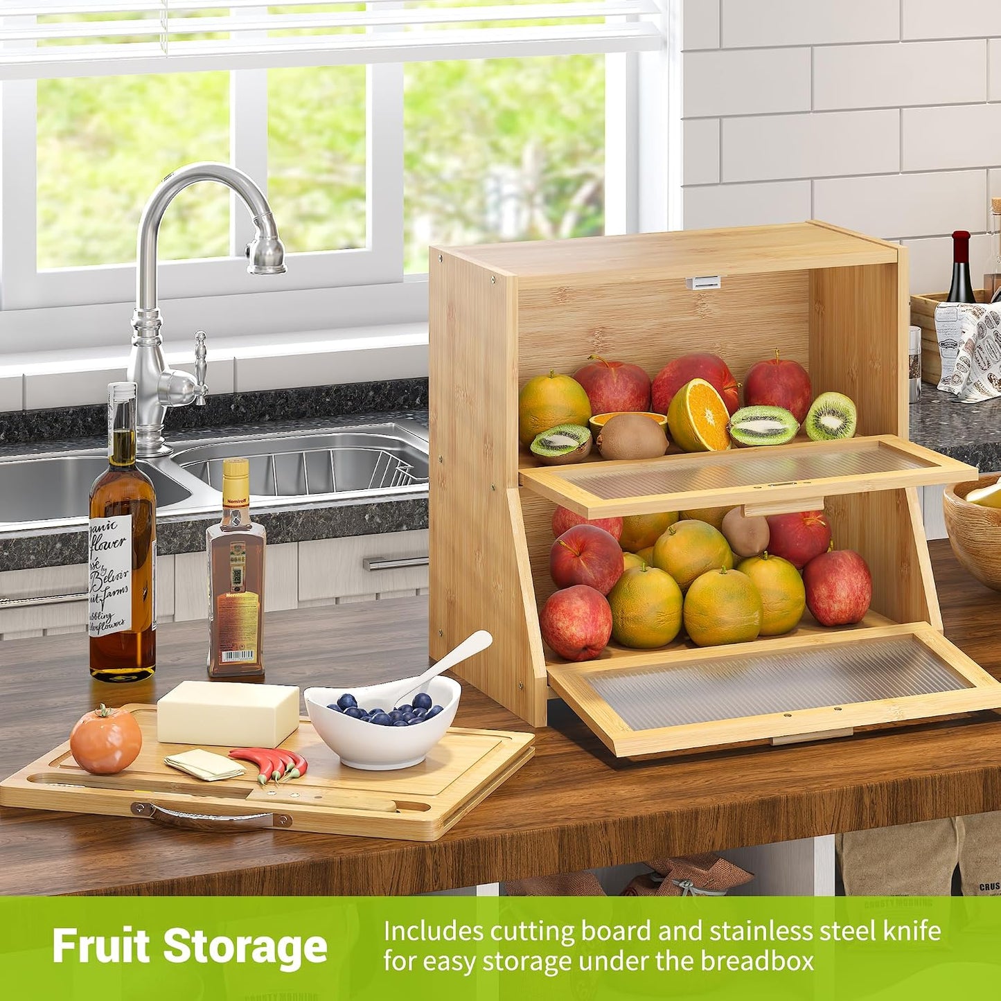 BMOSU Double-Layer Large Bread Box with Cutting Board for Kitchen Countertop Bread Box With Frosted Glass Window