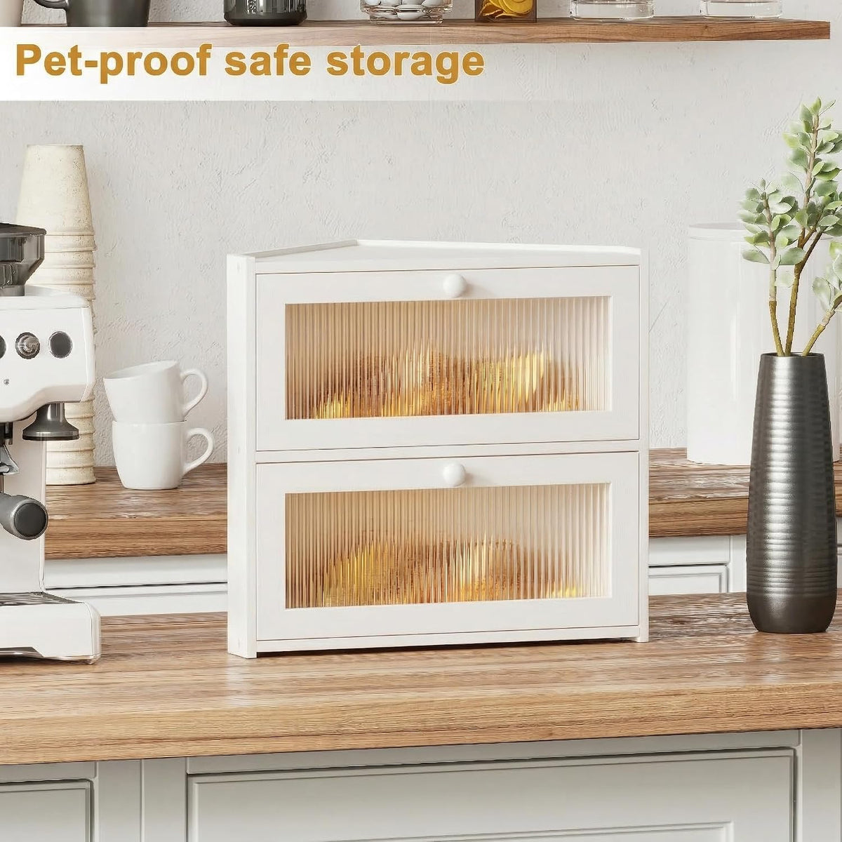 BAMBANG Corner Bread Box for Kitchen Countertop, Double Layer Bamboo Bread Storage Container with Wavy Windows