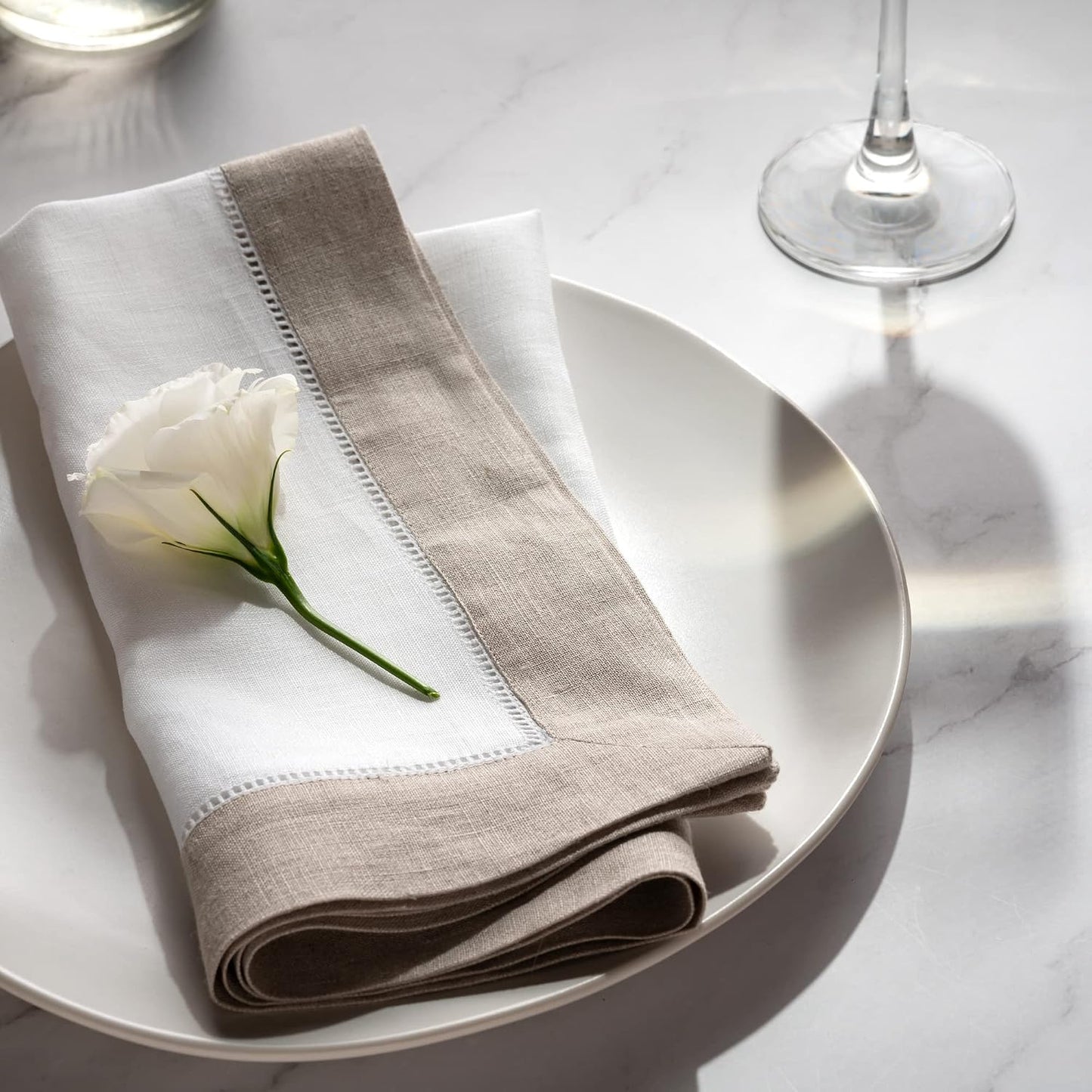 Linen Napkins 20 x 20 inch - 100% Pure Linen White and Natural Dinner Napkins Set of 4 - Hemstitch Napkins Cloth