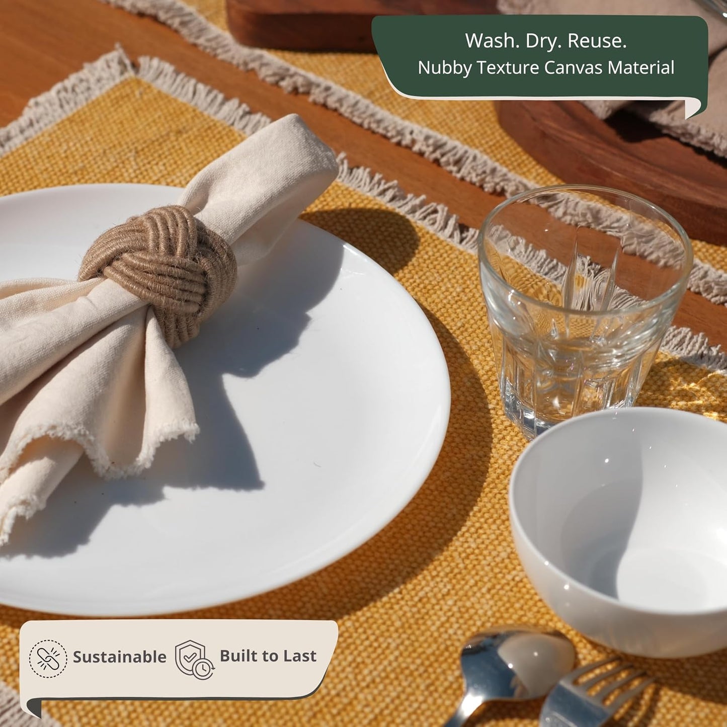 Hausattire Cotton Frayed Placemats Set of 6 Dining Table 13x19 Inch | Rustic Vintage Boho Washable Easter Placemat for