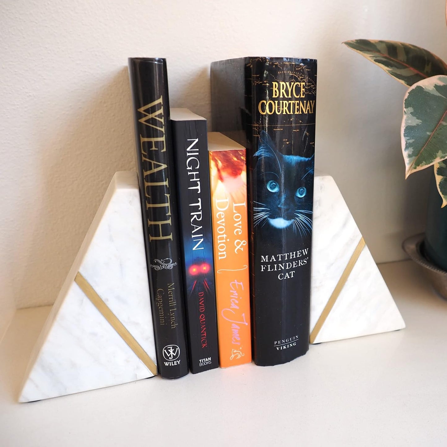 Marble Bookends Handcrafted Heavy Marble Triangular Bookshelf Decor Brass Inlay Set of 2 Decorative Bookends Book