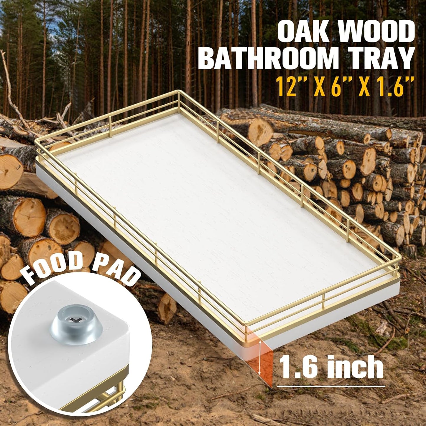 Oak Wood Toilet Tank Tray / 12 x 6 x 1.5 / Gold & White