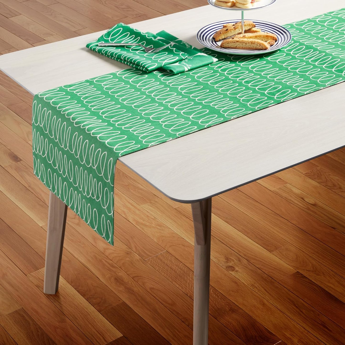 kate spade new york in The Loop & Joy Dot Reversible Table Runner, 100% Cotton, Machine Washable, Green/Cream, 15"x108"