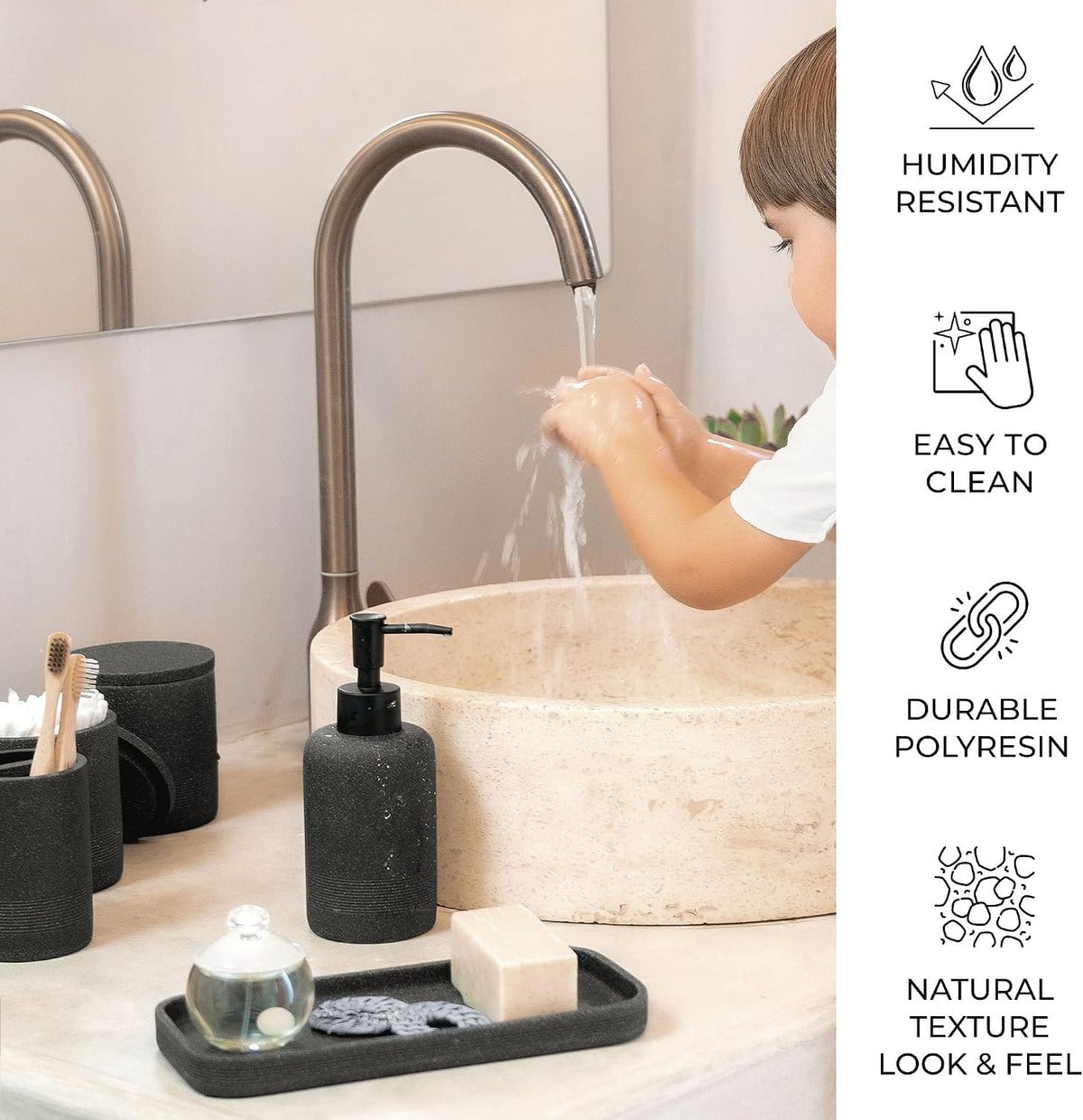 Black Stone Bathroom Accessories Set 6 Pieces - Toothbrush Holder, Lotion Dispenser, Qtip Container, Vanity Tray