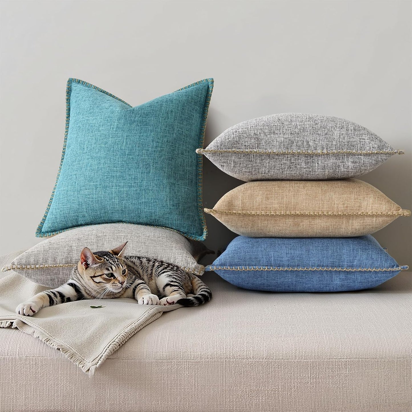 Fall Decorative Throw Pillow Covers Square Faux Linen Farmhouse Pillow / Blue / 18 x 18 / Set of 2