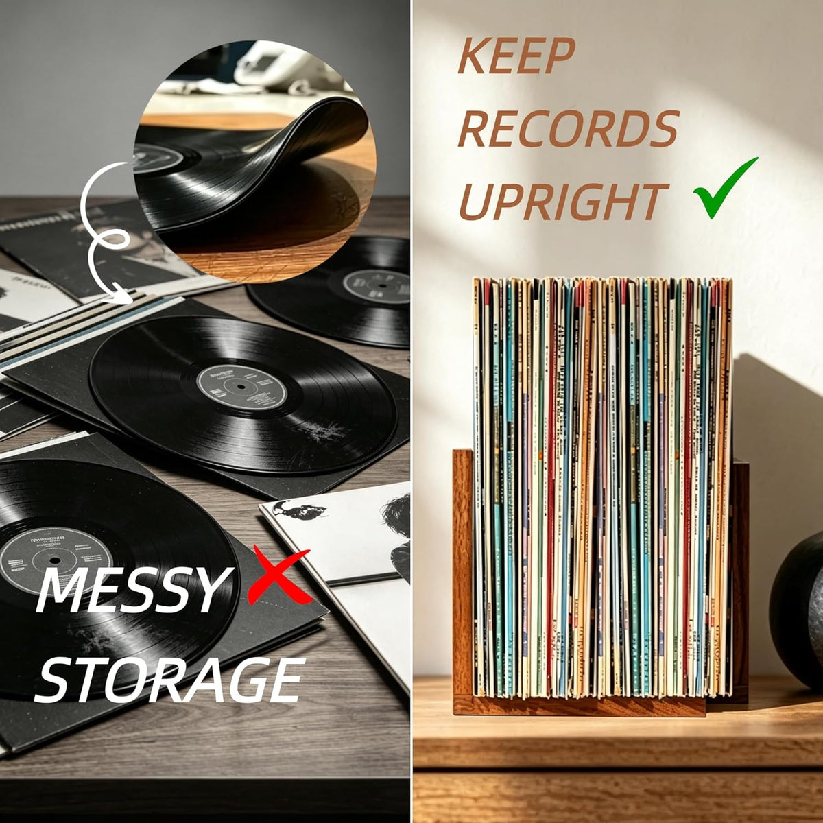 Solid Acacia Wood Vinyl Record Storage Rack, Adjustable Record Holder | Keeps 10-60 LPs upright for easy browsing, with