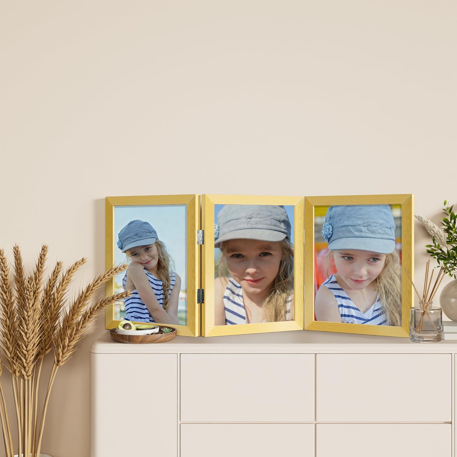 decorUhome Gold Triple 8x10 Picture Frame Vertical, MDGD08 | "Z" Shape Folding Design Engineered Wood Trifold Photo