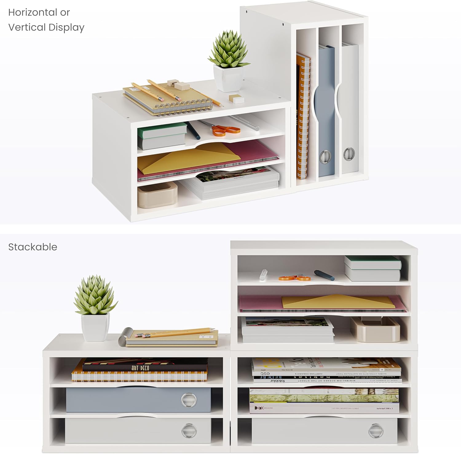 Ballucci File Organizer, 3-Tier Document Paper Sorter, Stackable Wood Desk Organizer, Mail Sorter and Monitor Stand