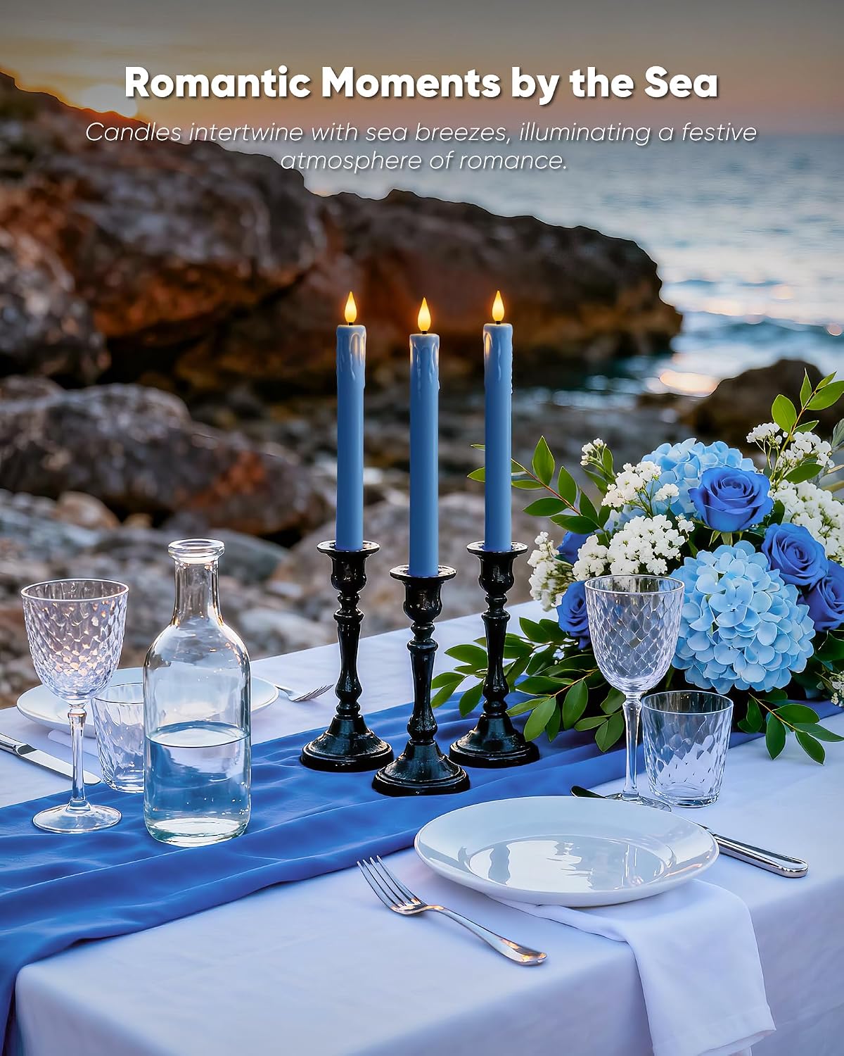 Homemory 6 Pcs Real Wax Blue Flameless Taper Candles with Remote Timer, 9.6 Inches LED Fake Candlesticks, LED Candle