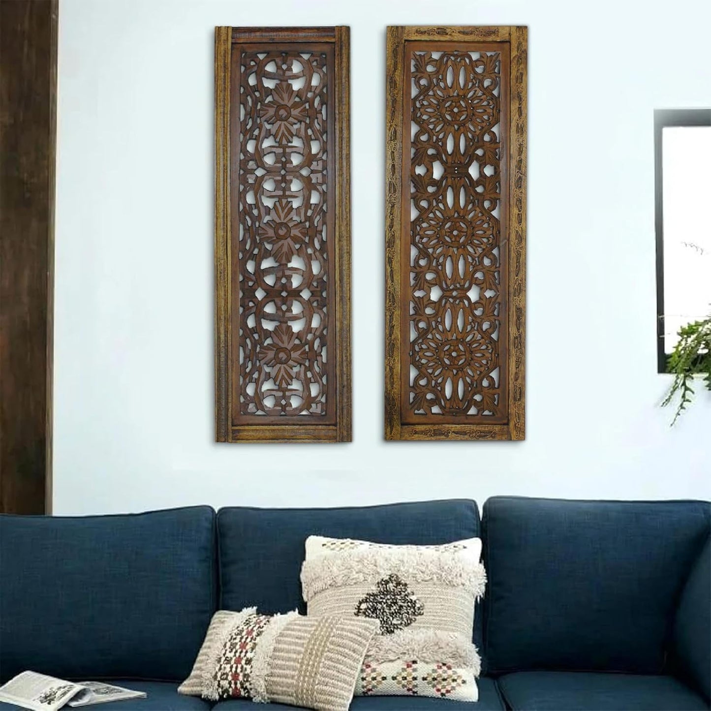Floral Hand Carved Wooden Wall Panels / Rustic Brown / Set of 2