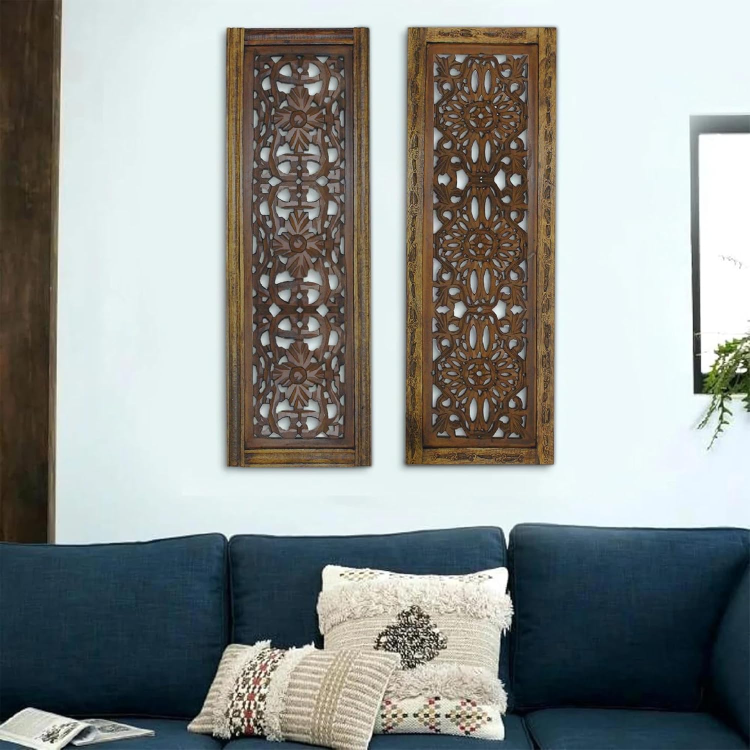 Floral Hand Carved Wooden Wall Panels / Rustic Brown / Set of 2