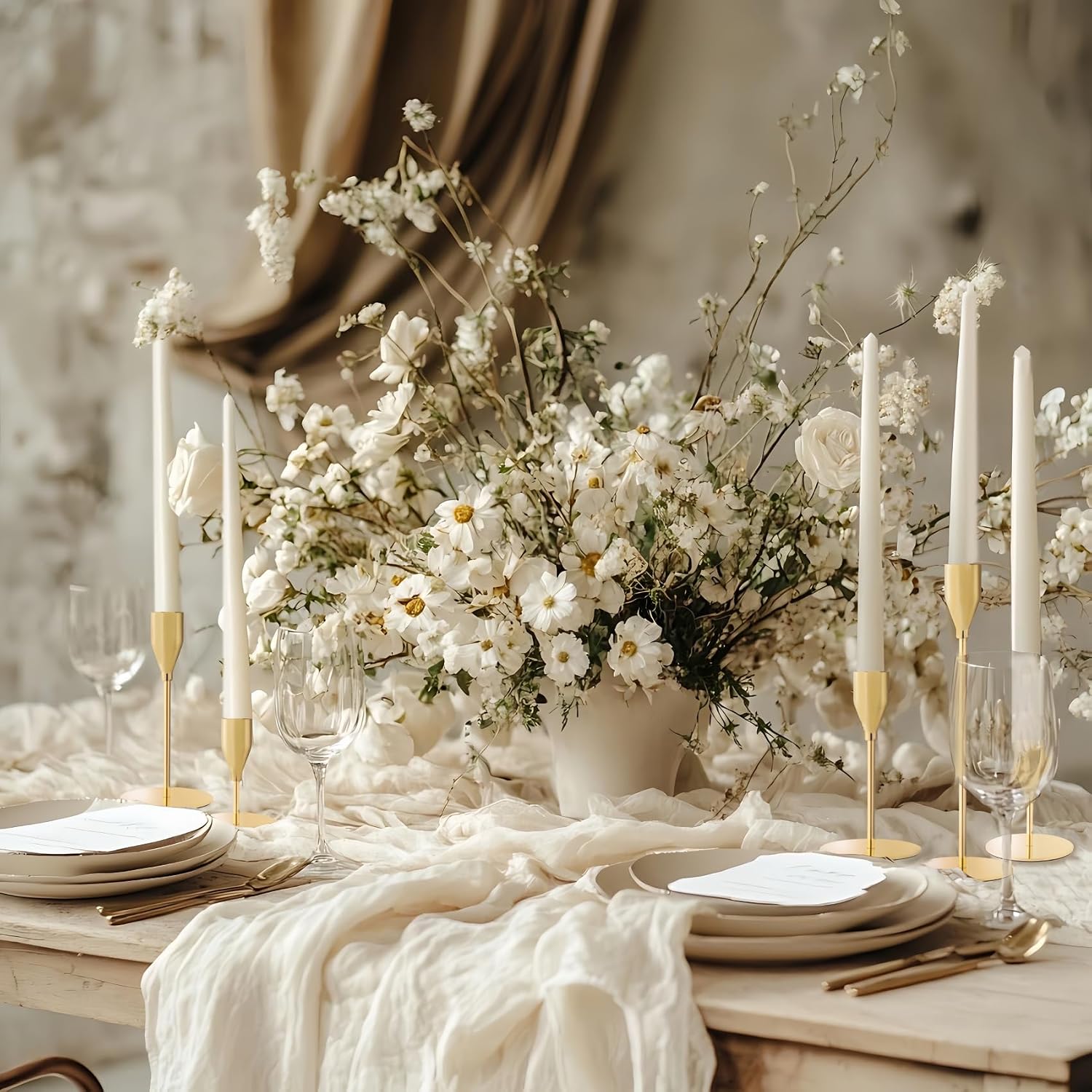 Gold Candlestick Holders, Metal Taper Candle Holders, Set of 6 | Elegant gold candle stands, 3 heights, for wedding