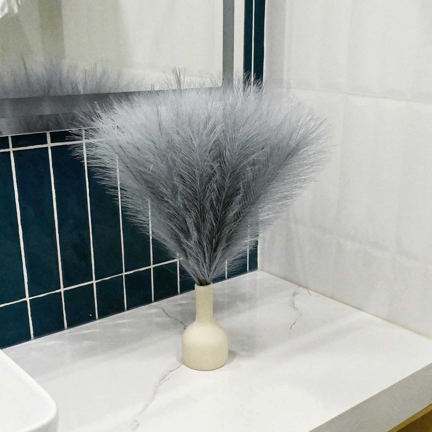 Faux Pampas Grass Arrangement / E2- Grey / Set of 6