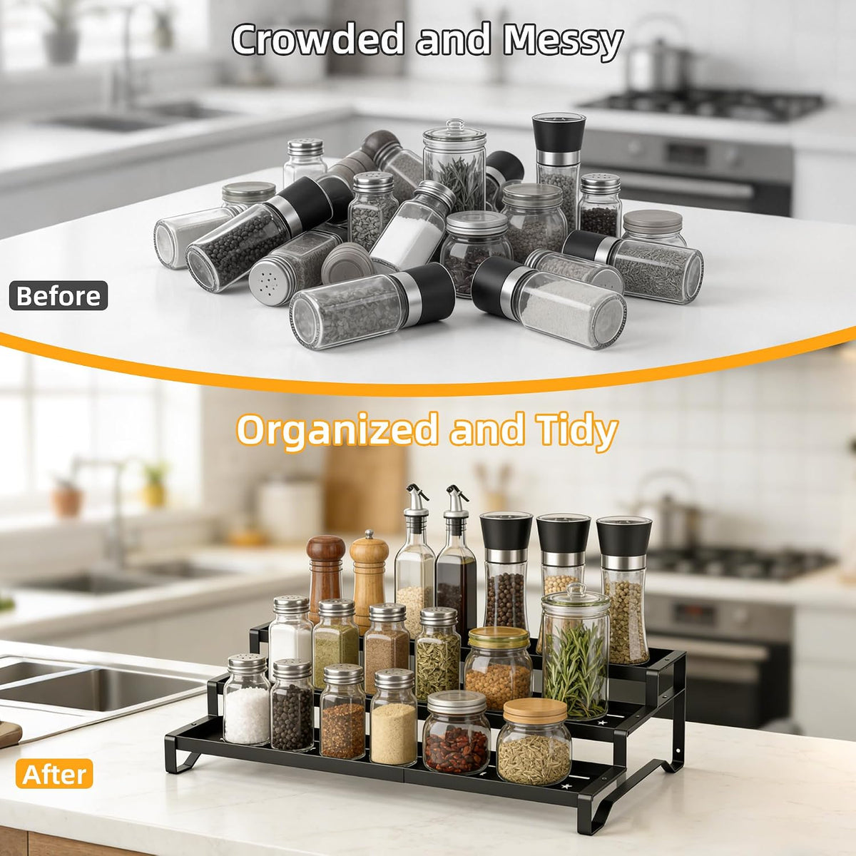 Spice Rack Organizer for Cabinet, 13-21.5" Expandable Spicy Shelf | 3-Tier Metal Seasoning Organizer, Kitchen Spice