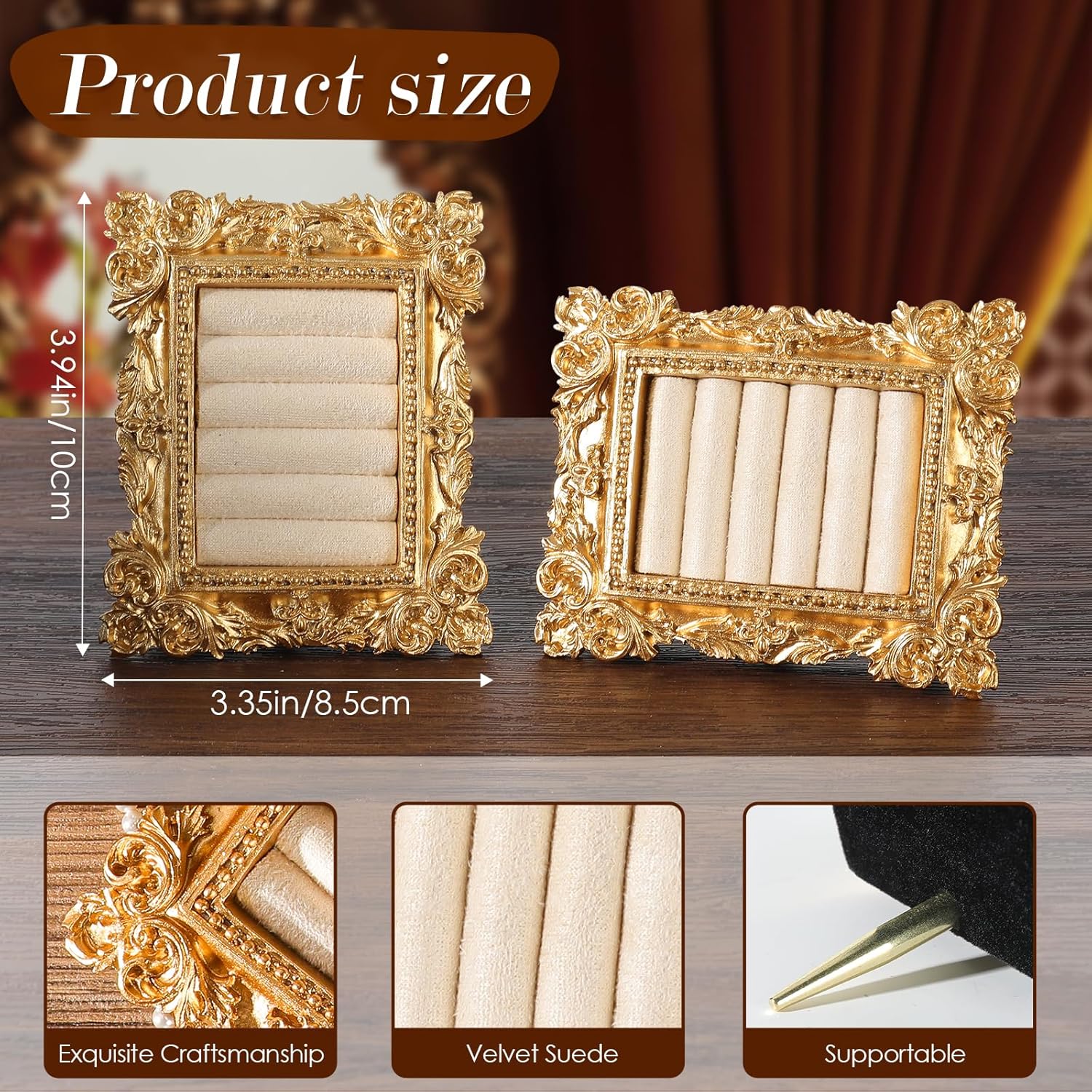 Vintage Ring Holder Rectangle Gold Velvet Display Stand / Mpf05-gold White