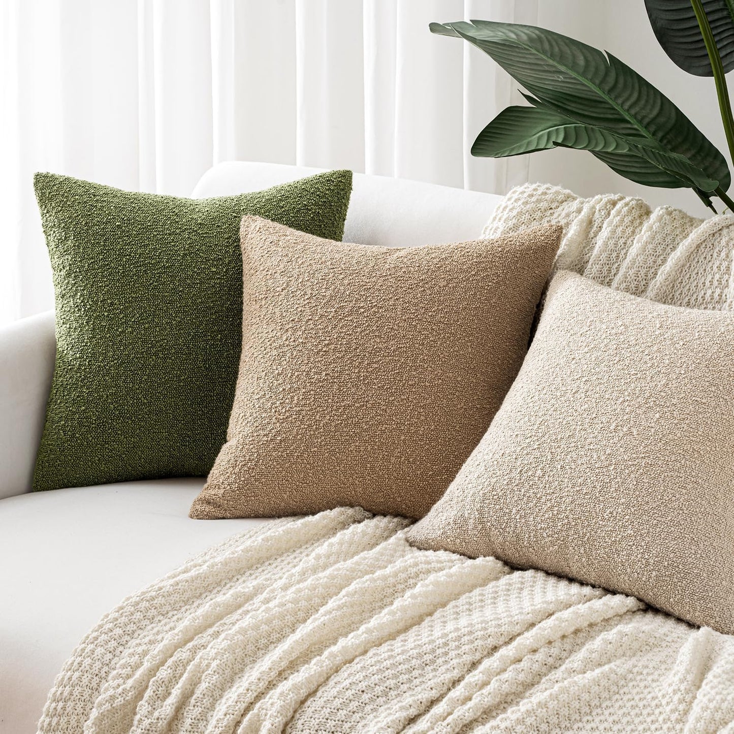 Decorative Boucle Throw Pillow Covers Textured Square Pillowcaes Accent / 18 x 18 / Khaki / Set of 2