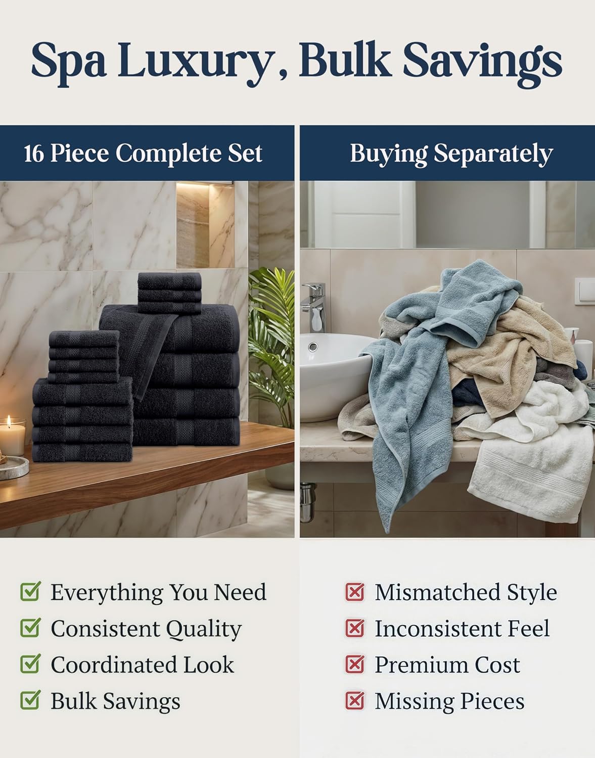 LANE LINEN Bath Towel Set Quick Dry 100% Cotton 16 Piece Soft - Black | Cotton Bath Towels - Classic Terry Weave