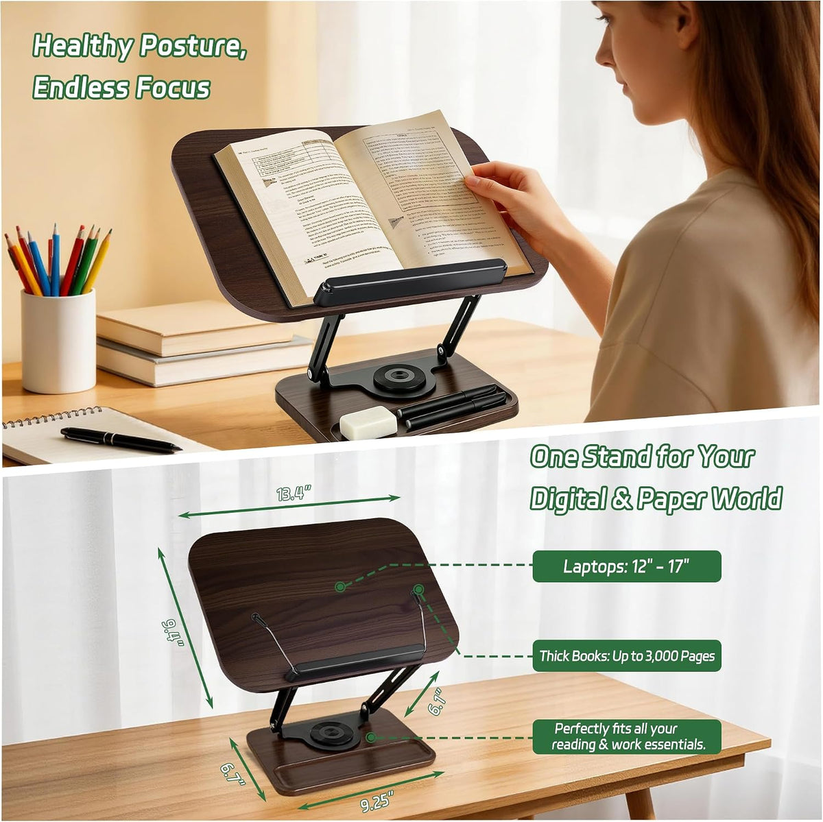 Book Stand for Reading, 360° Rotating Book Holder for Desk, Heavy Duty Bible Stand with Page Clips, Adjustable Height
