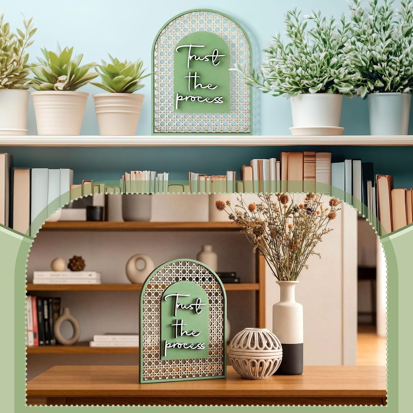 Boho Shelf Decor Trust The Process Wooden Standing Sign Inspirational Hollow Arched / Sage Green