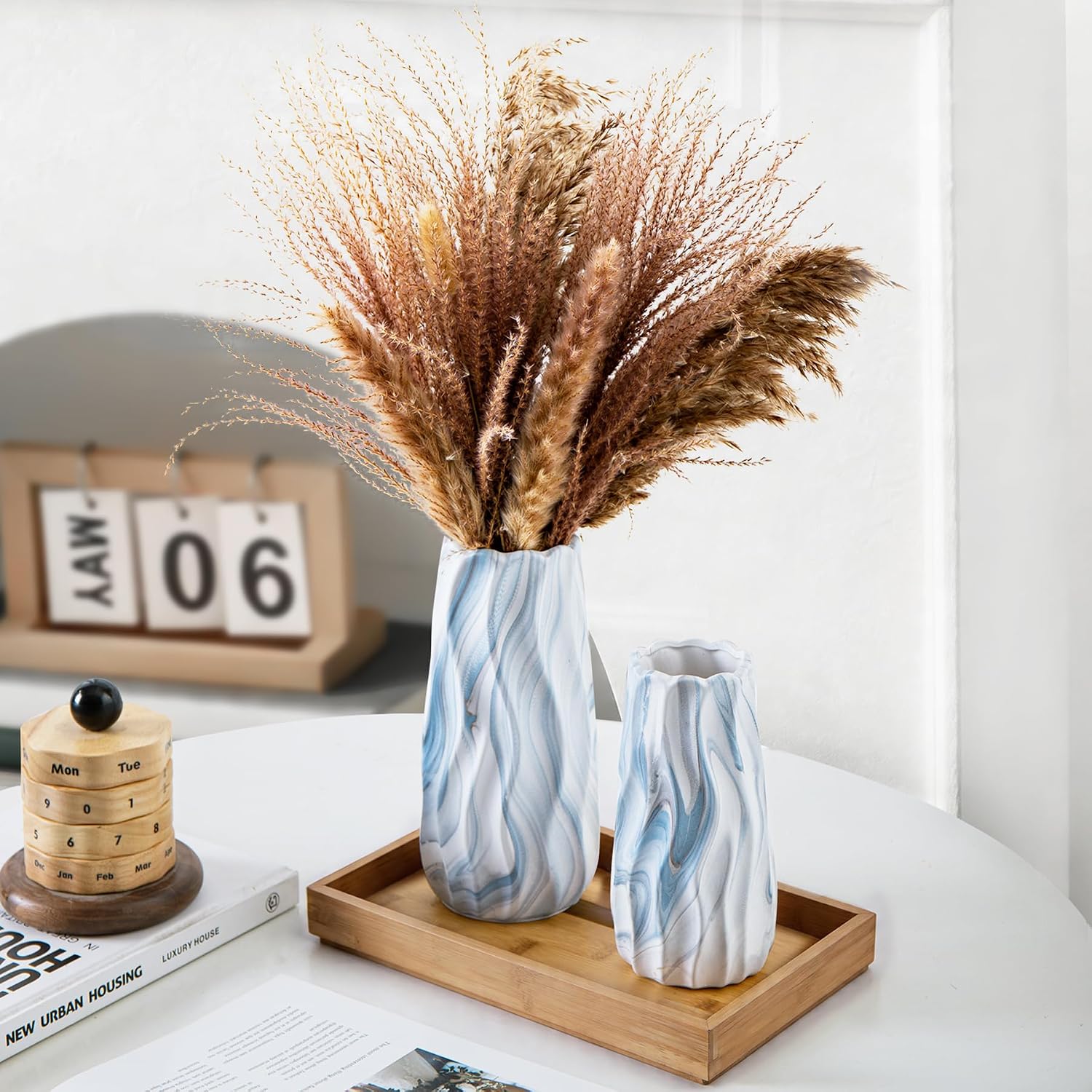 Ceramic Vase / Blue and White Wave Vases / Blue Marble / Set of 2