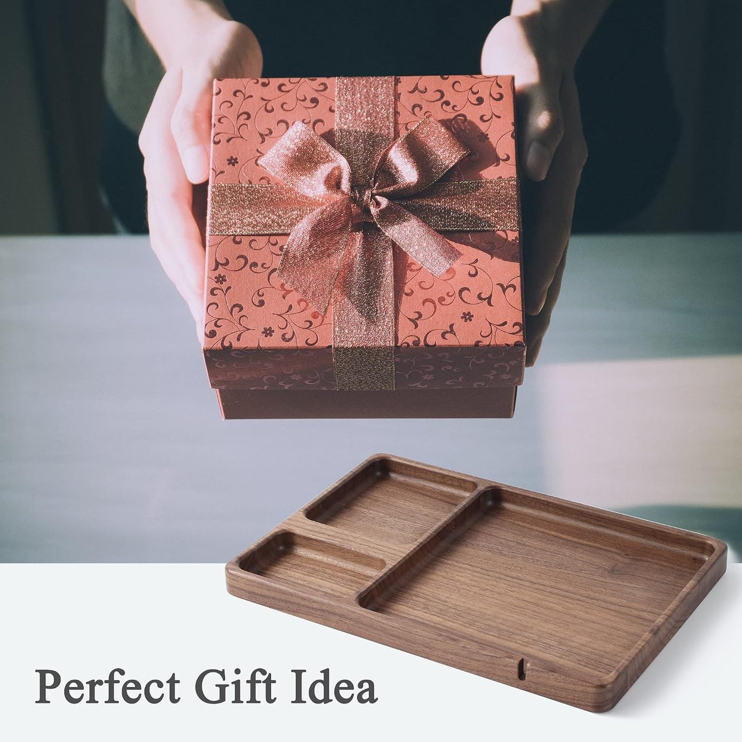 Walnut Wooden Valet Tray – Bedside Table Organizer for Men Dad, Edc Catch All Tray with Cable Slot (11.4 x 7.9 x 0.8