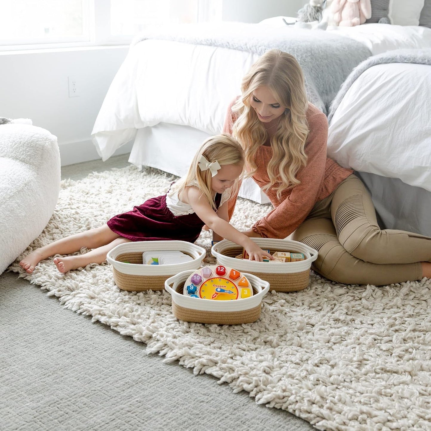 5-Piece Rectangle Storage Basket Set- Natural Cotton Rope Woven Baskets / Off White & Jute
