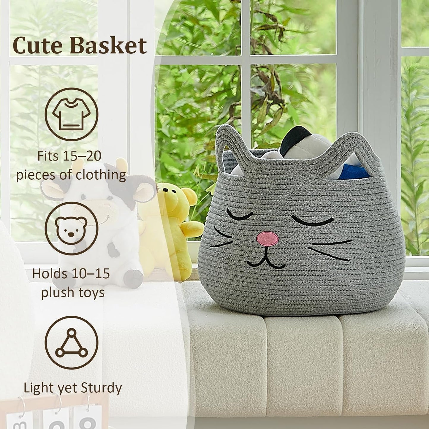 Animal Baskets Large Woven Cotton Rope Storage / Grey / Cute Grey Cat